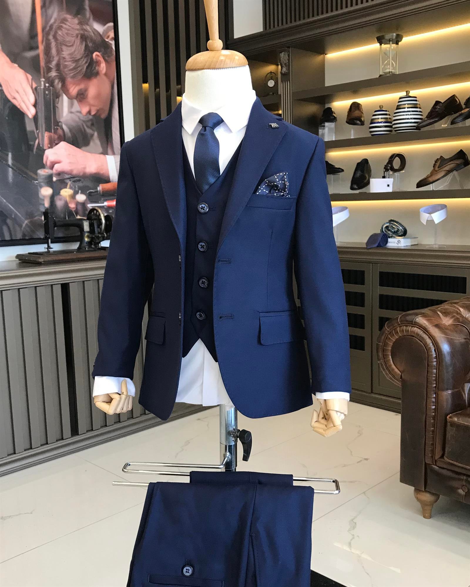 İtalyan stil erkek mono yaka ceket yelek pantolon takım elbise Lacivert T8899