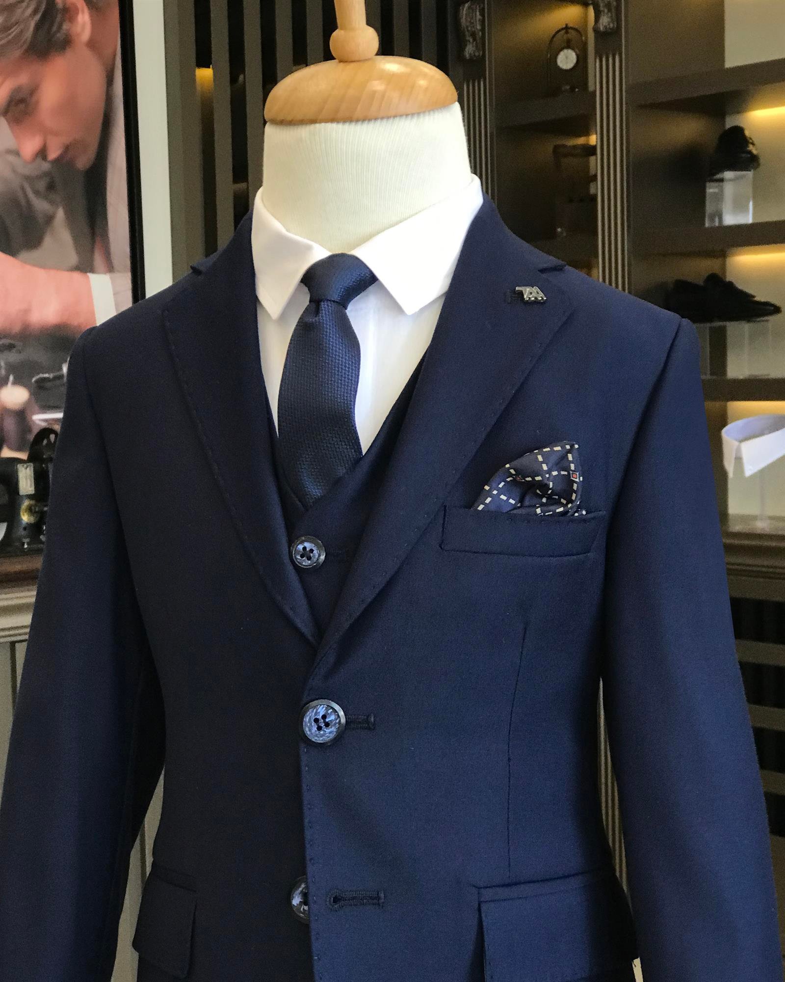 İtalyan stil erkek mono yaka ceket yelek pantolon takım elbise Lacivert T8899