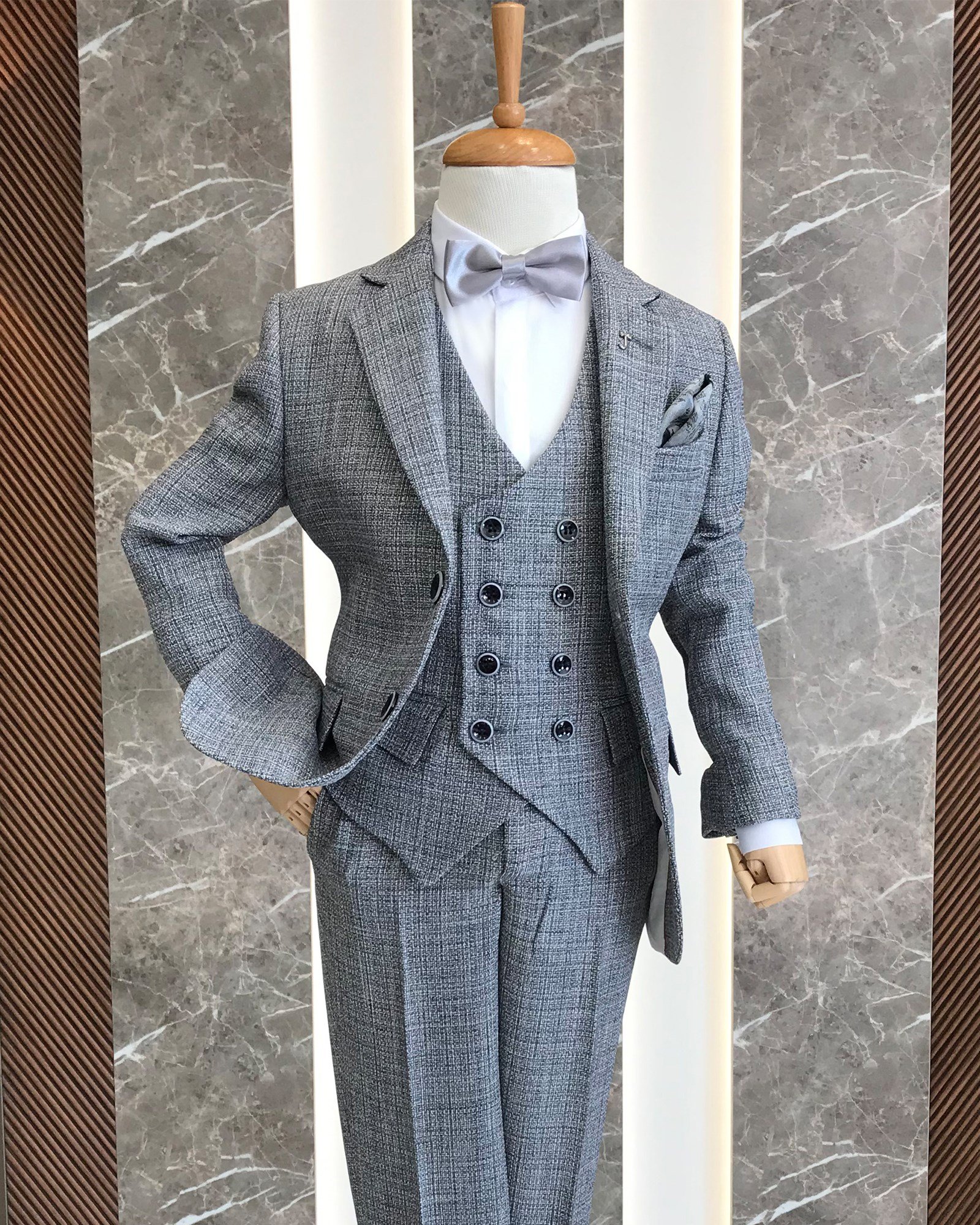 İtalyan stil çocuk sivri yaka ceket yelek pantolon Siyah T8947