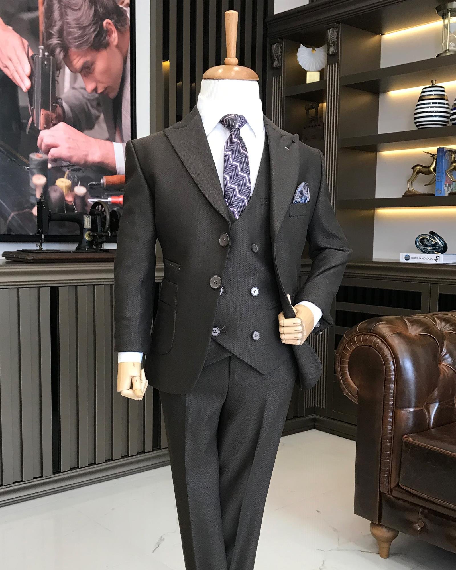 İtalyan stil çocuk torba cep ceket yelek pantolon takım elbise kahverengi T8966
