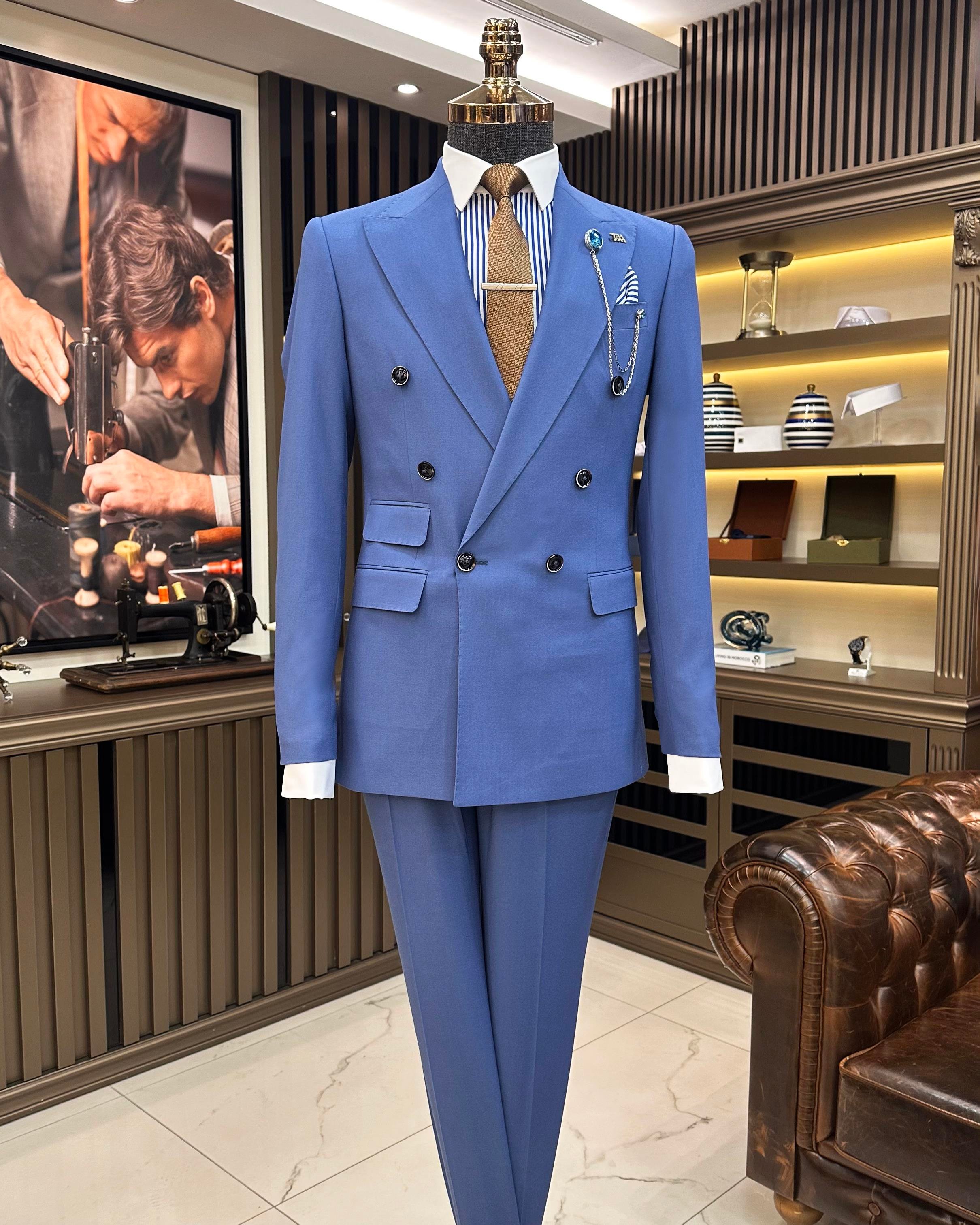 İtalyan stil düğme detaylı ceket pantolon erkek takım elbise mavi T11229