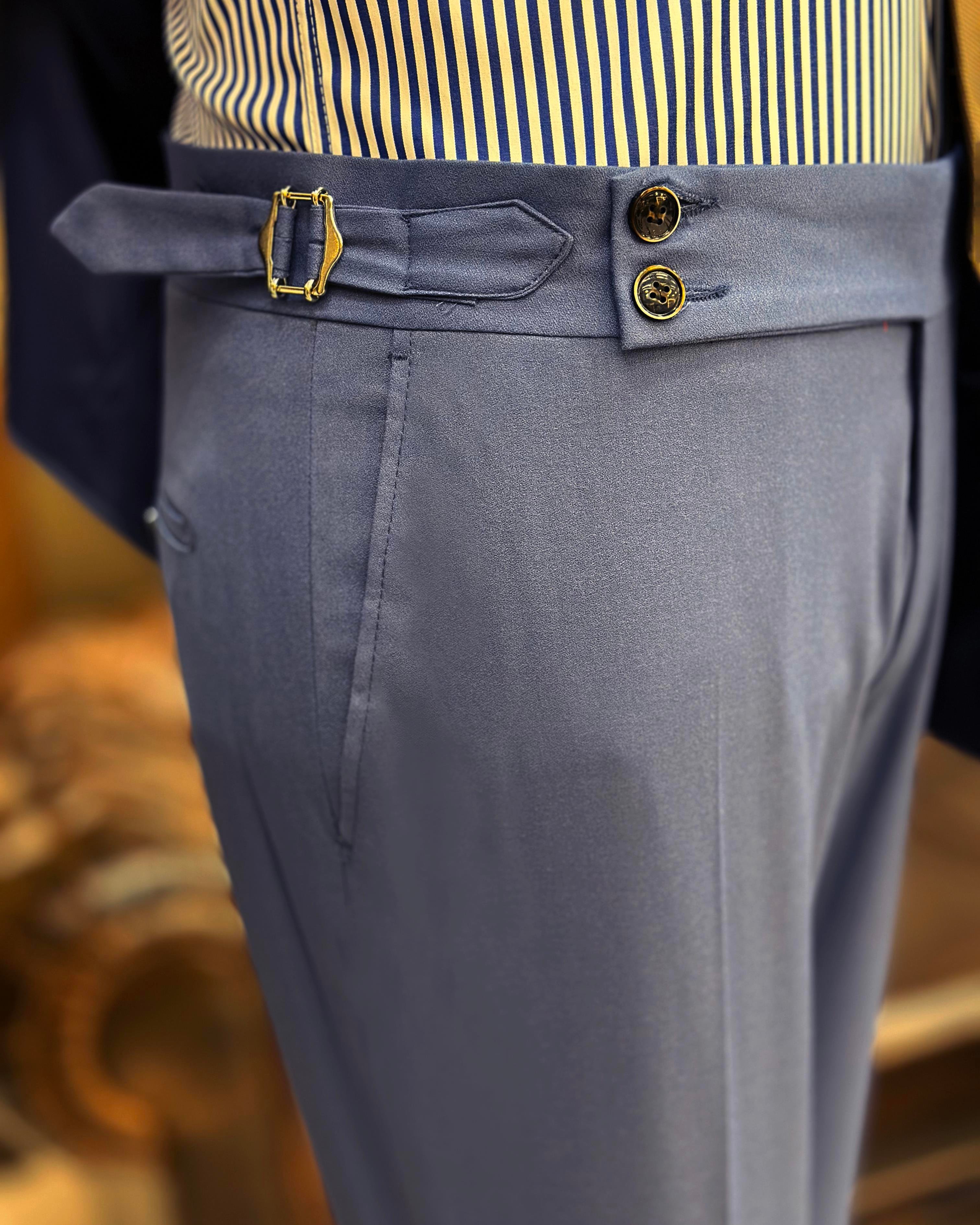 İtalyan stil düğme detaylı ceket pantolon erkek takım elbise mavi T11229