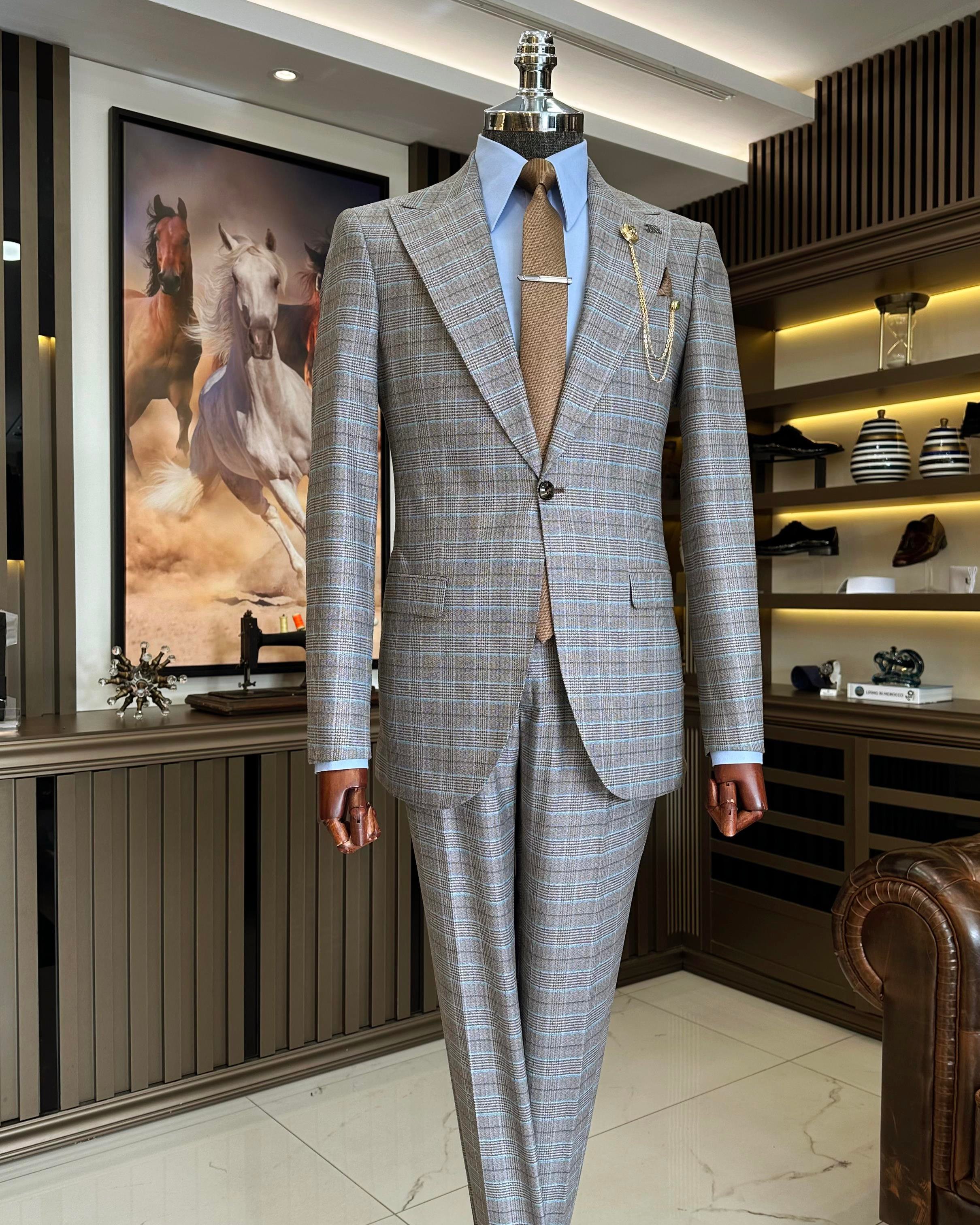 İtalyan stil ekose ceket pantolon takım elbise turuncu T10724