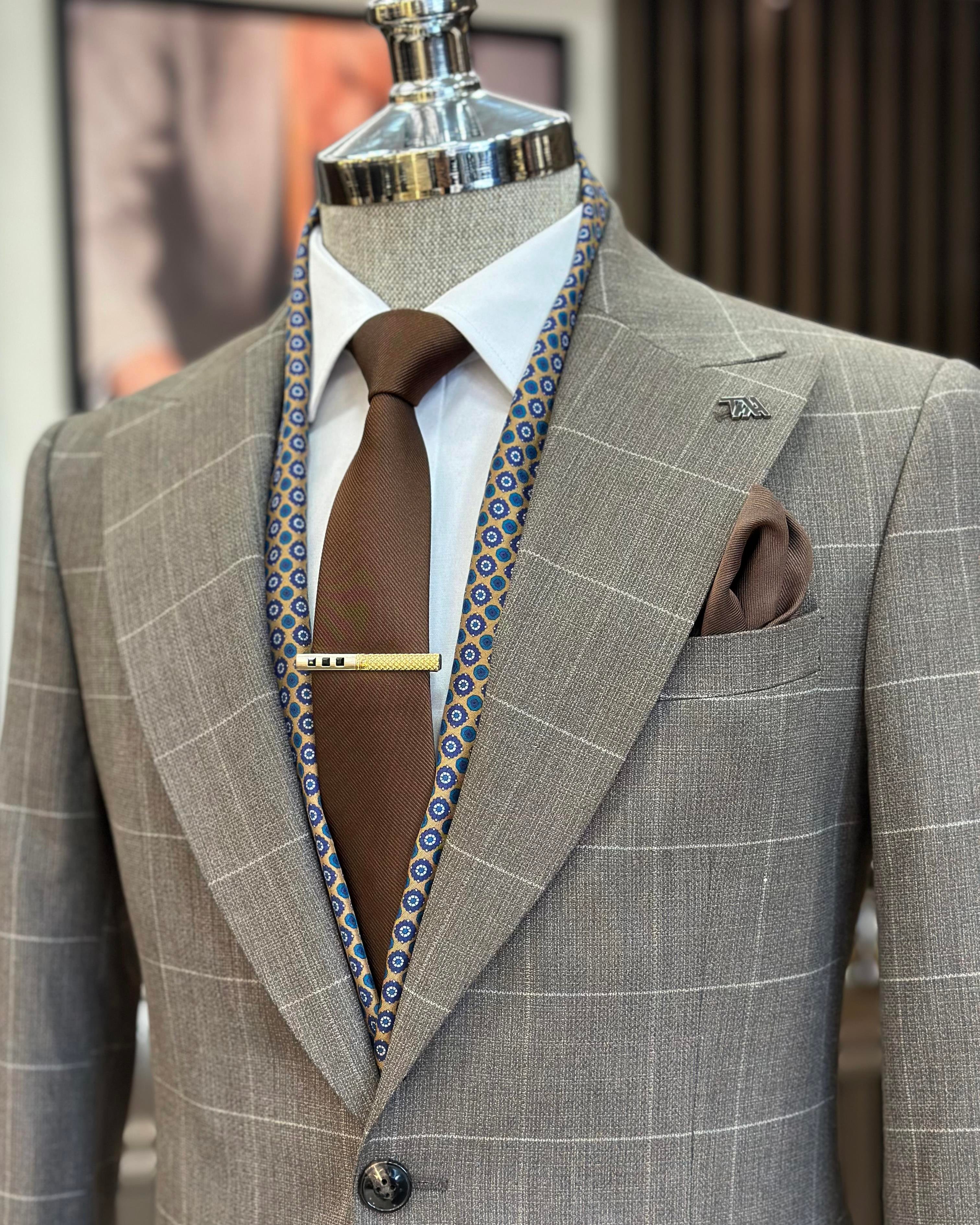 İtalyan stil ekose ceket pantolon takım elbise turuncu T10719