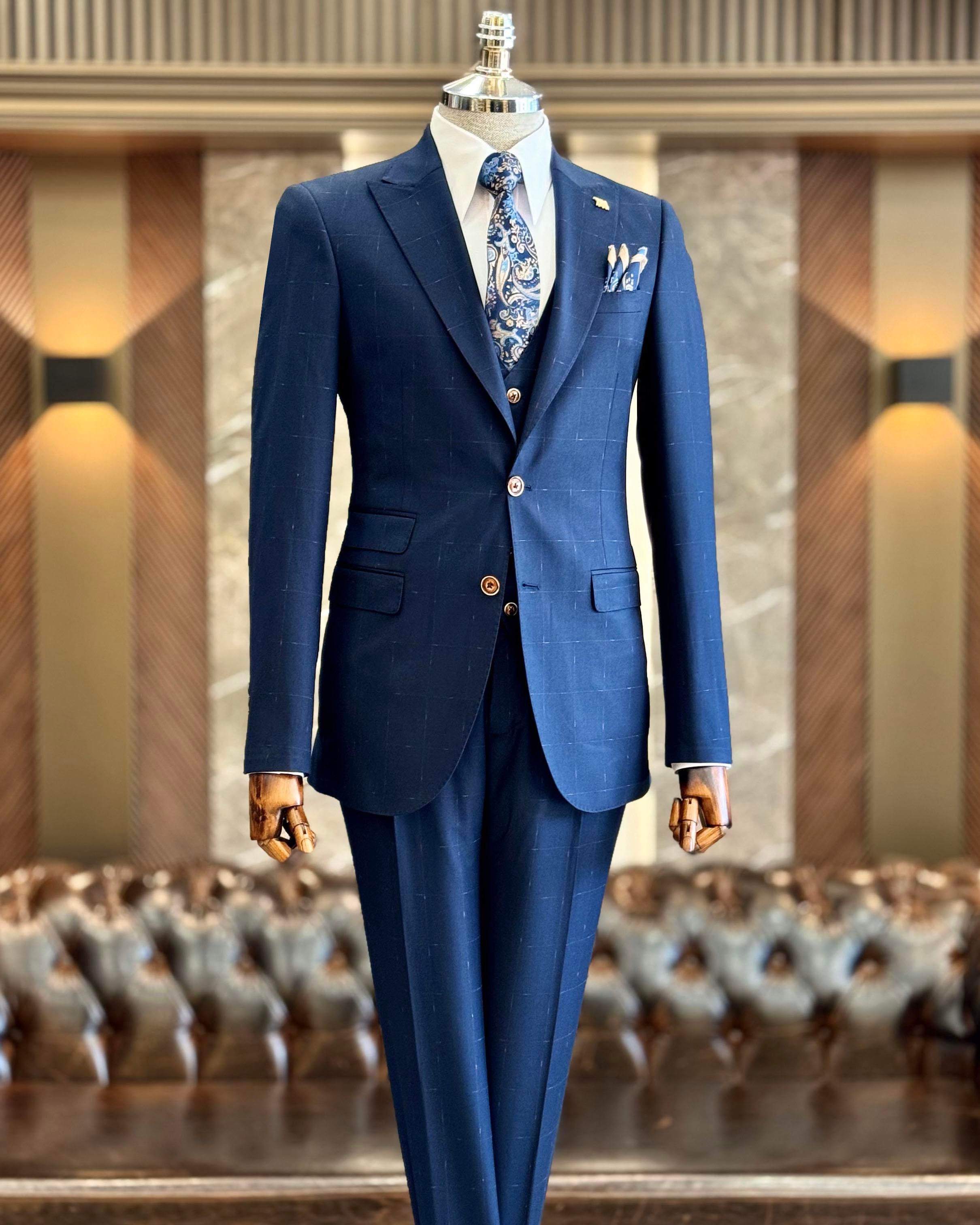 İtalyan stil ekose ceket yelek pantolon takım elbise lacivert T10718