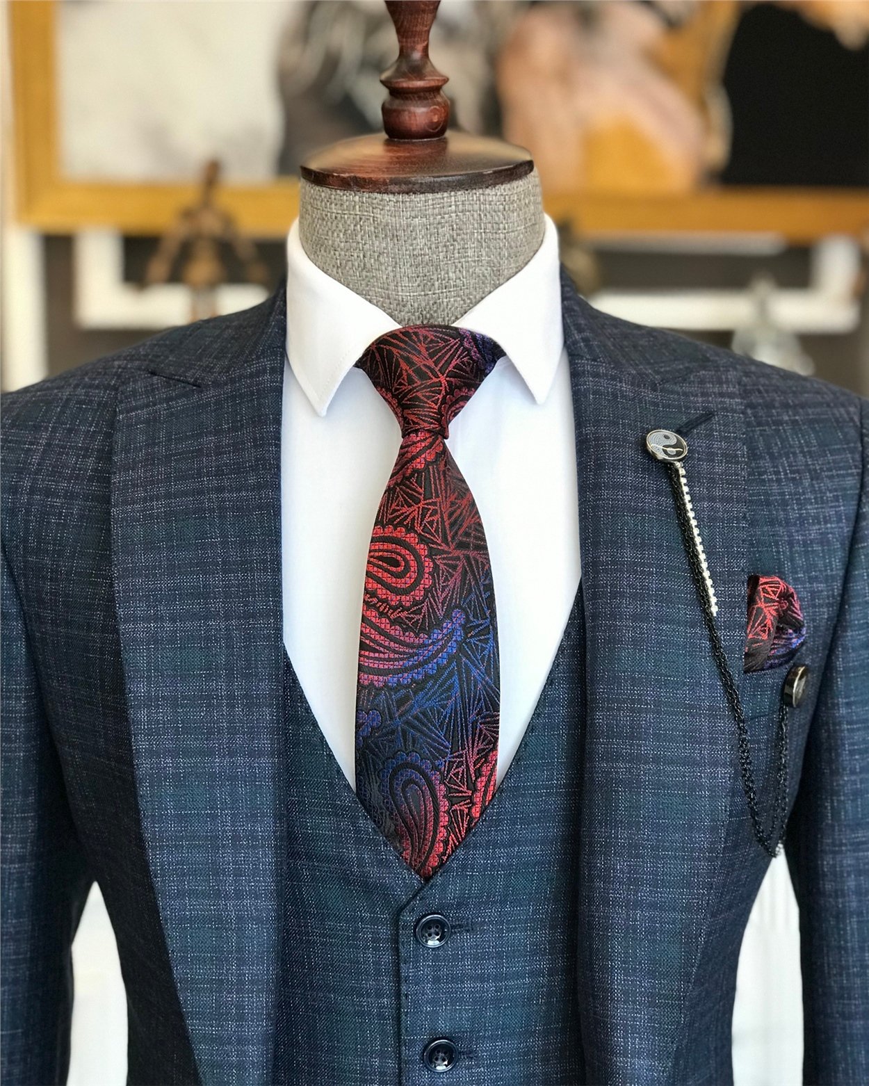 İtalyan stil ekose ceket yelek pantolon takım elbise lacivert T6995