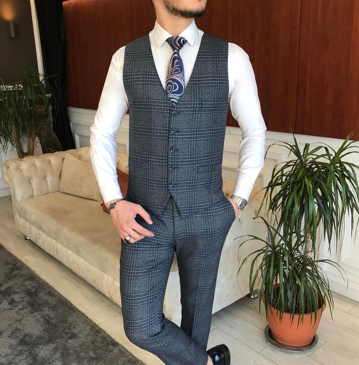 İtalyan stil ekose ceket yelek pantolon lacivert takım elbise T7000