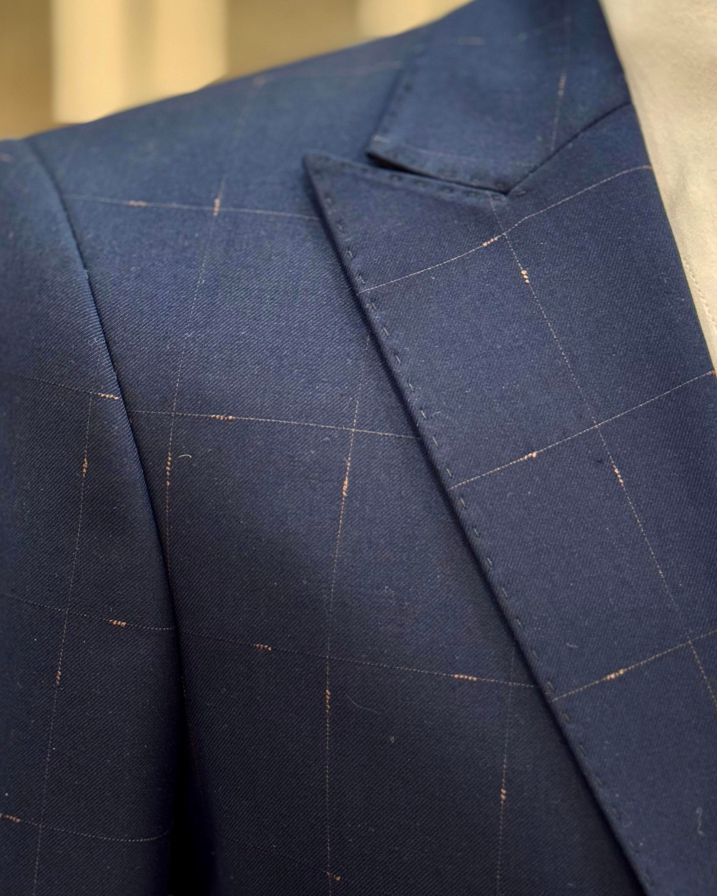 İtalyan stil ekose ceket yelek pantolon takım elbise lacivert T10718