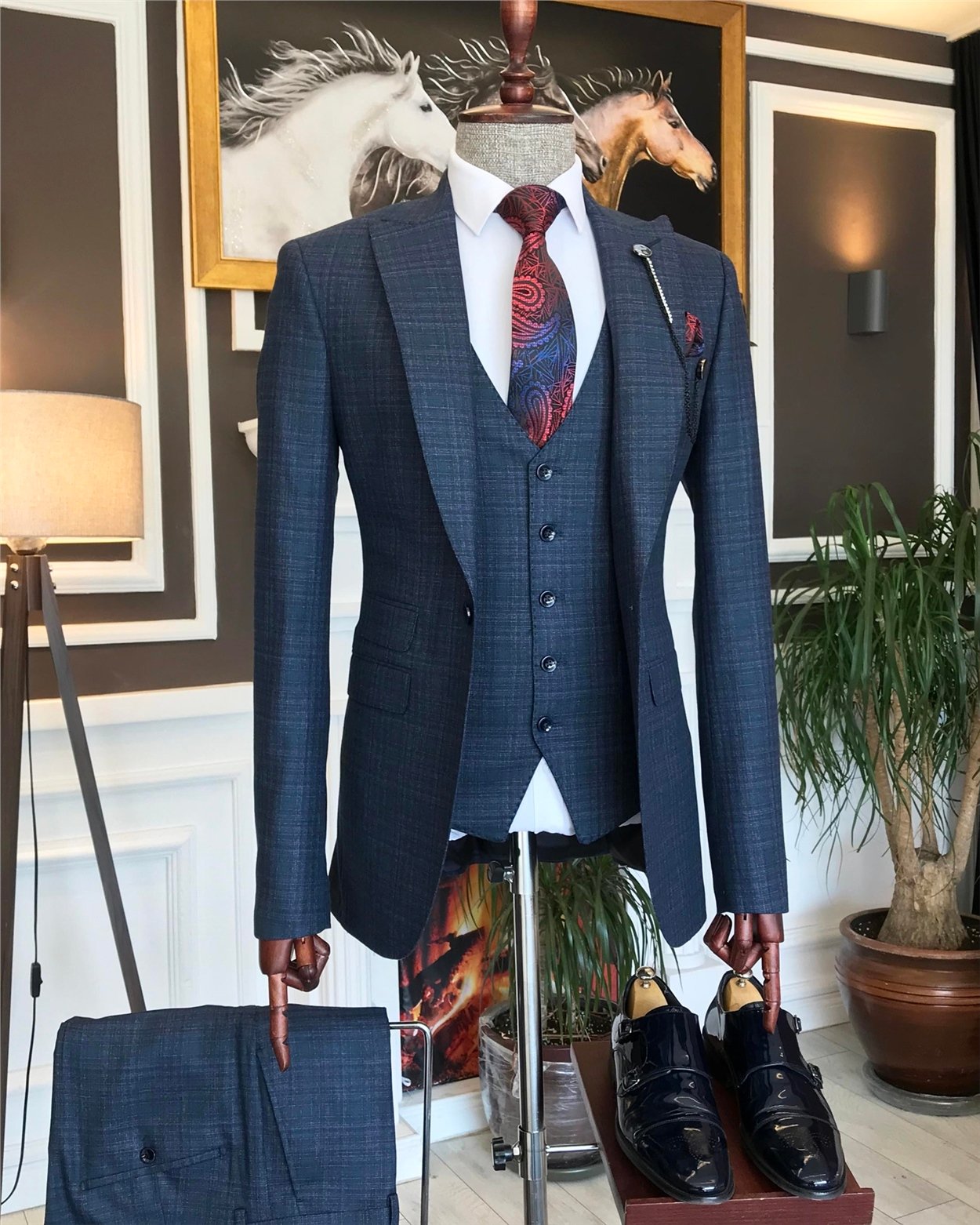 İtalyan stil ekose ceket yelek pantolon takım elbise lacivert T6995