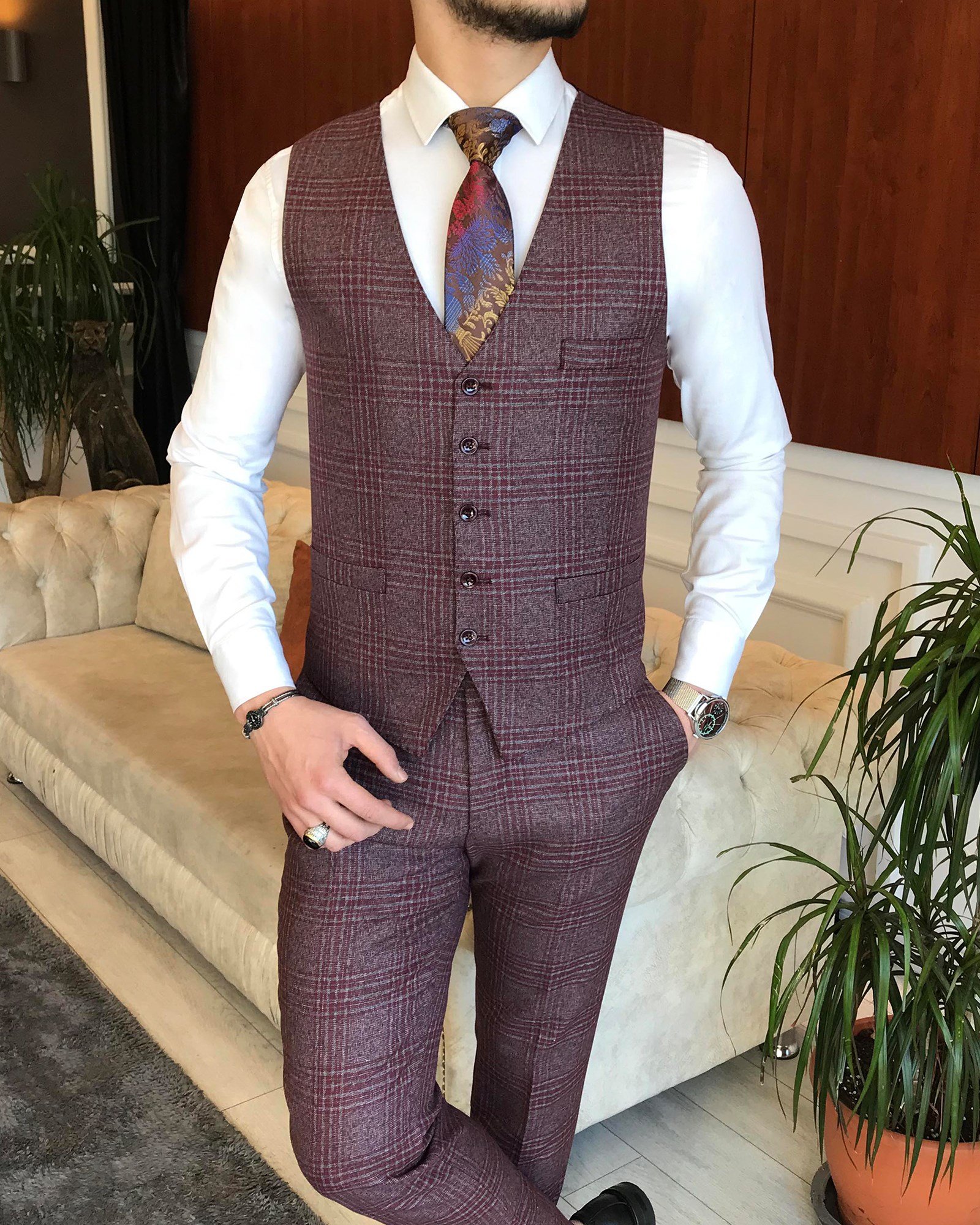 İtalyan stil ekose ceket yelek pantolon bordo 8 drop takım T6999