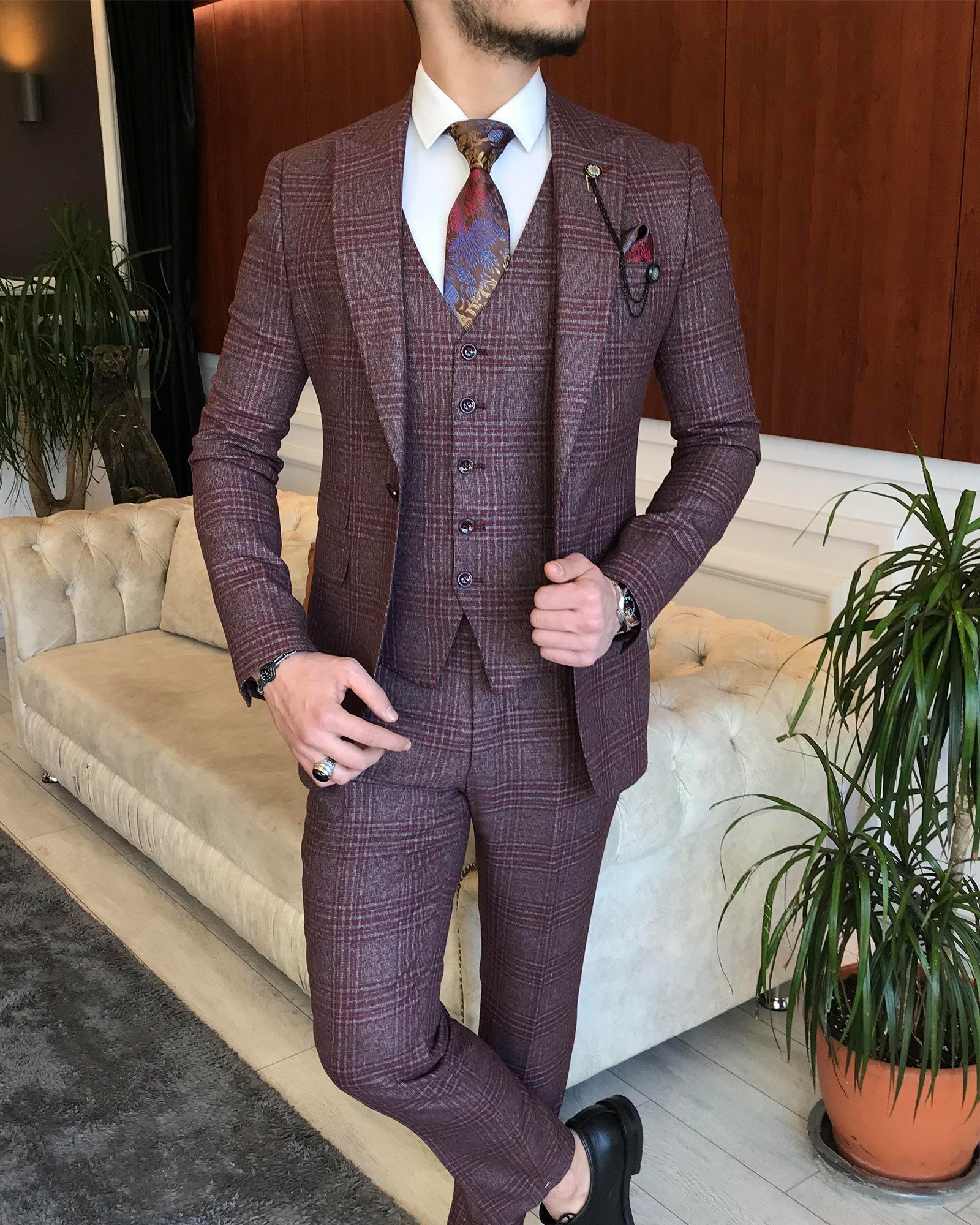 İtalyan stil ekose ceket yelek pantolon bordo 8 drop takım T6999