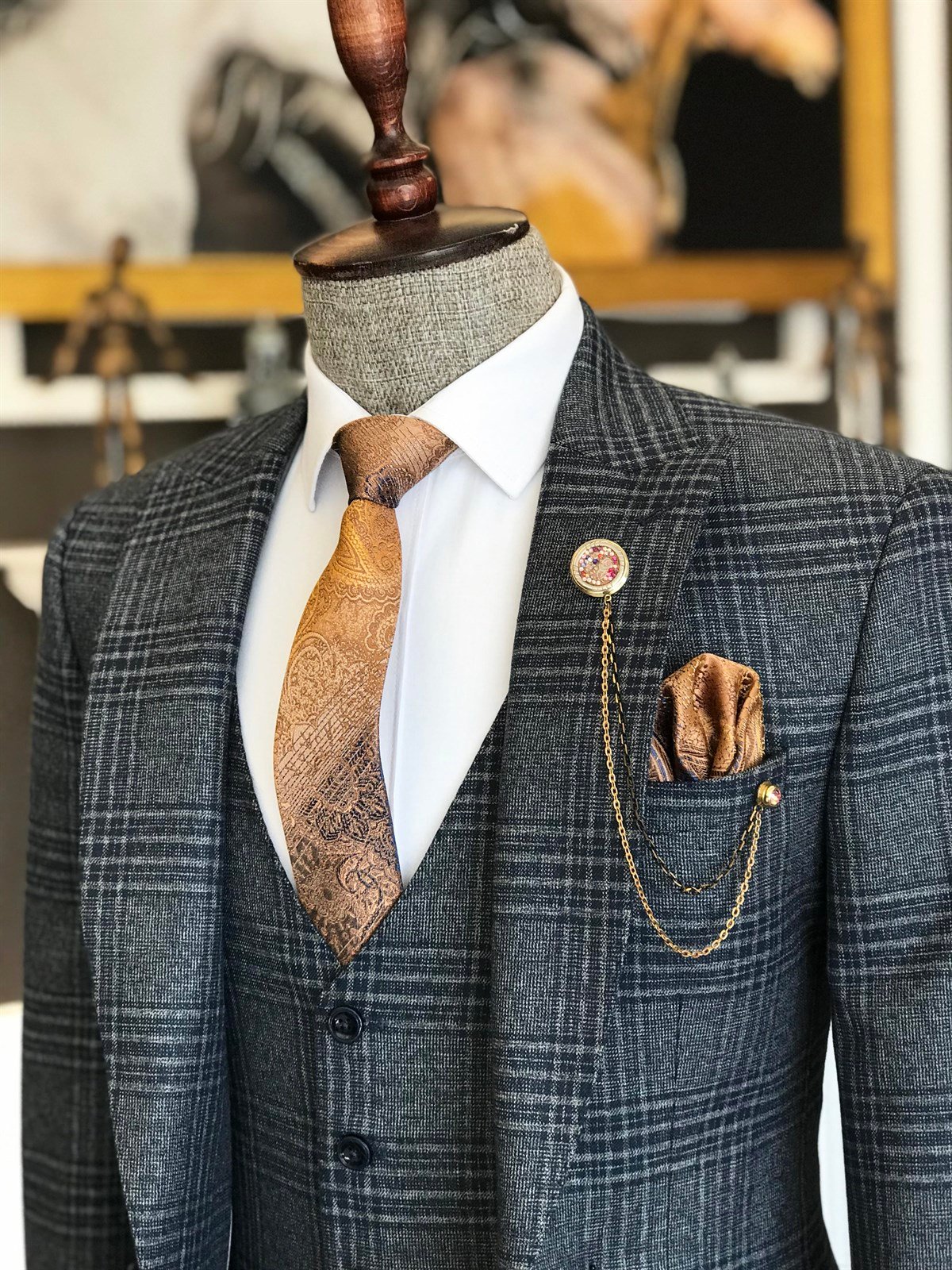 İtalyan stil ekose ceket yelek pantolon lacivert takım elbise T7000
