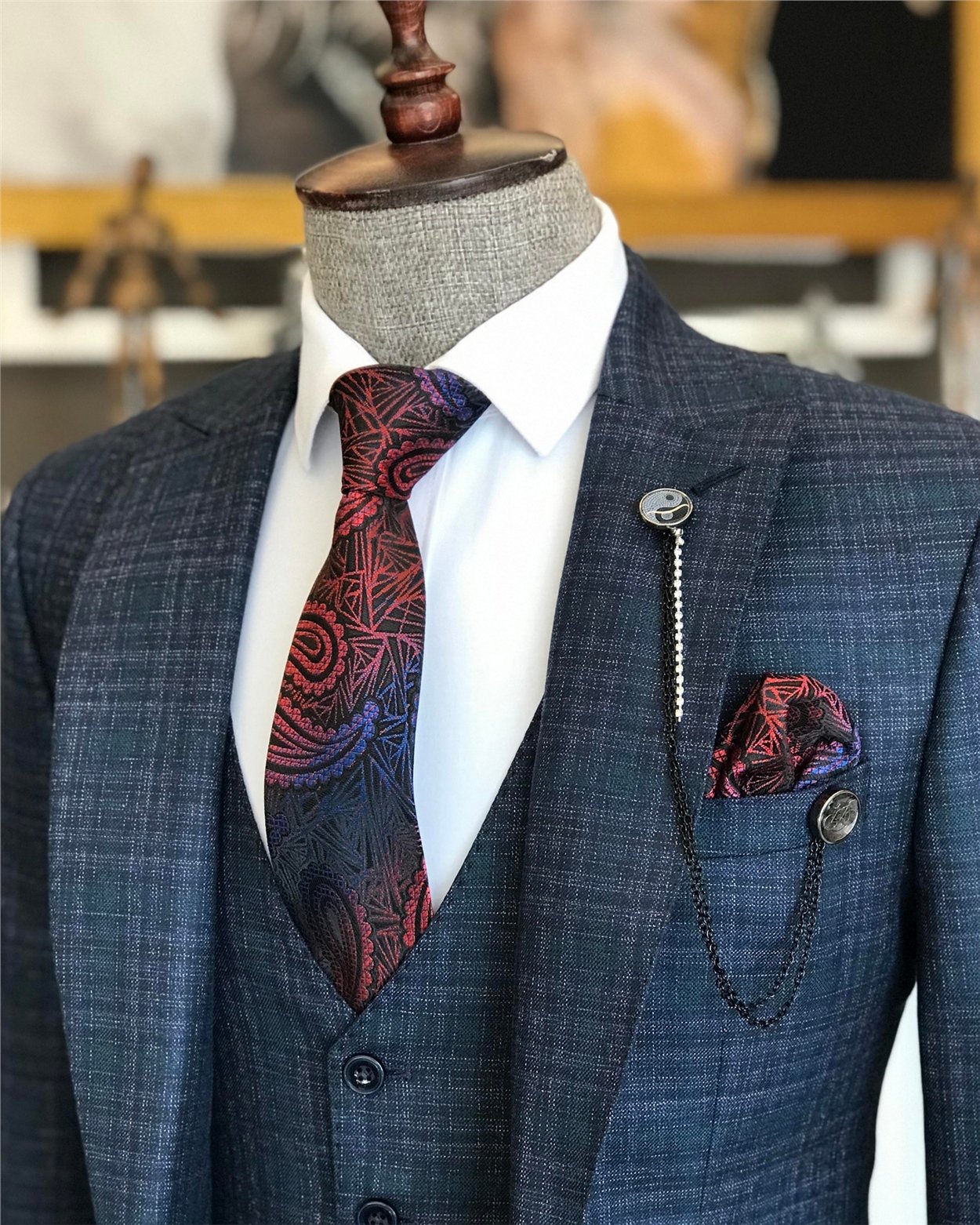 İtalyan stil ekose ceket yelek pantolon takım elbise lacivert T6995