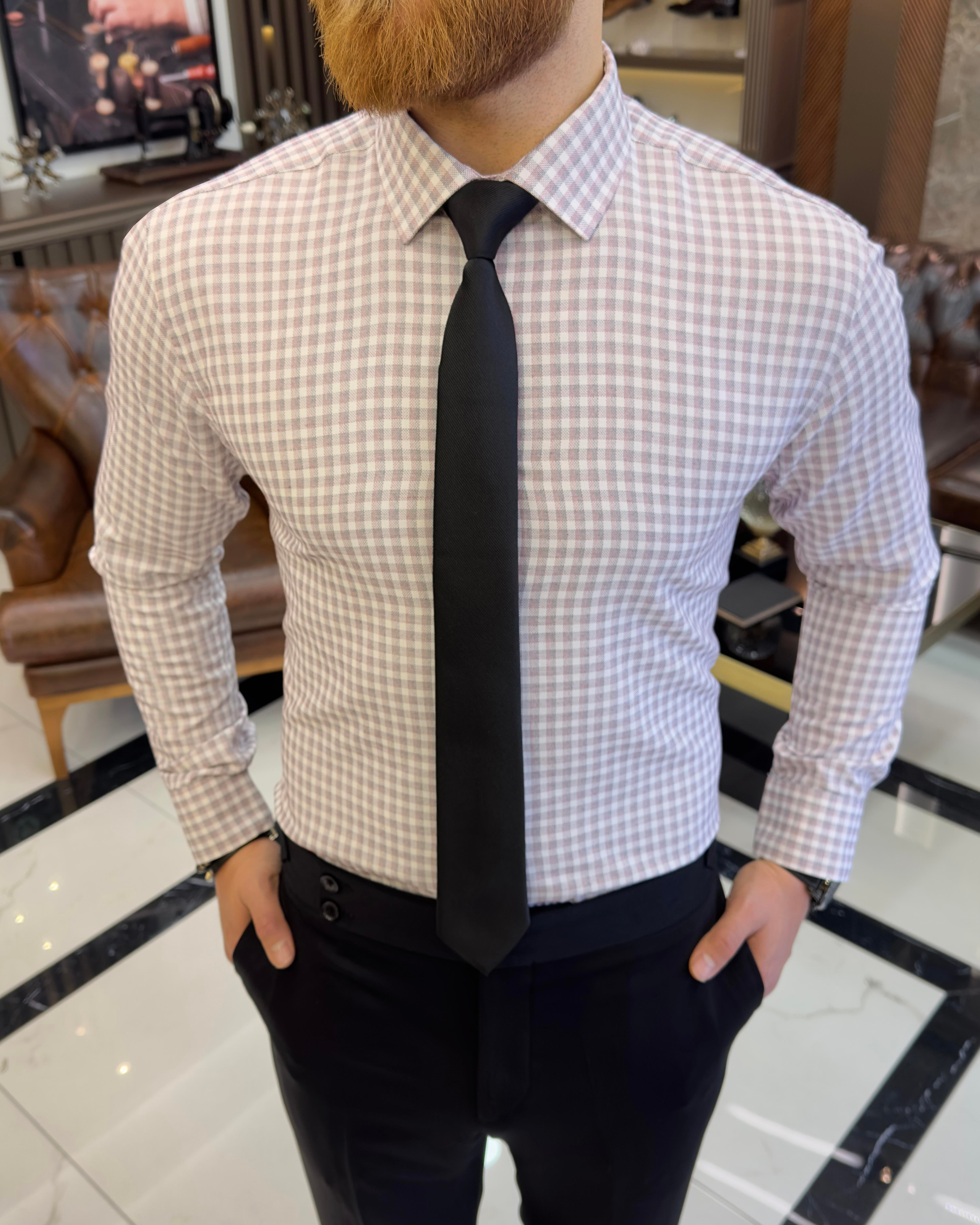 İtalyan stil ekose kravat yaka pamuk erkek gömlek bordo T11180