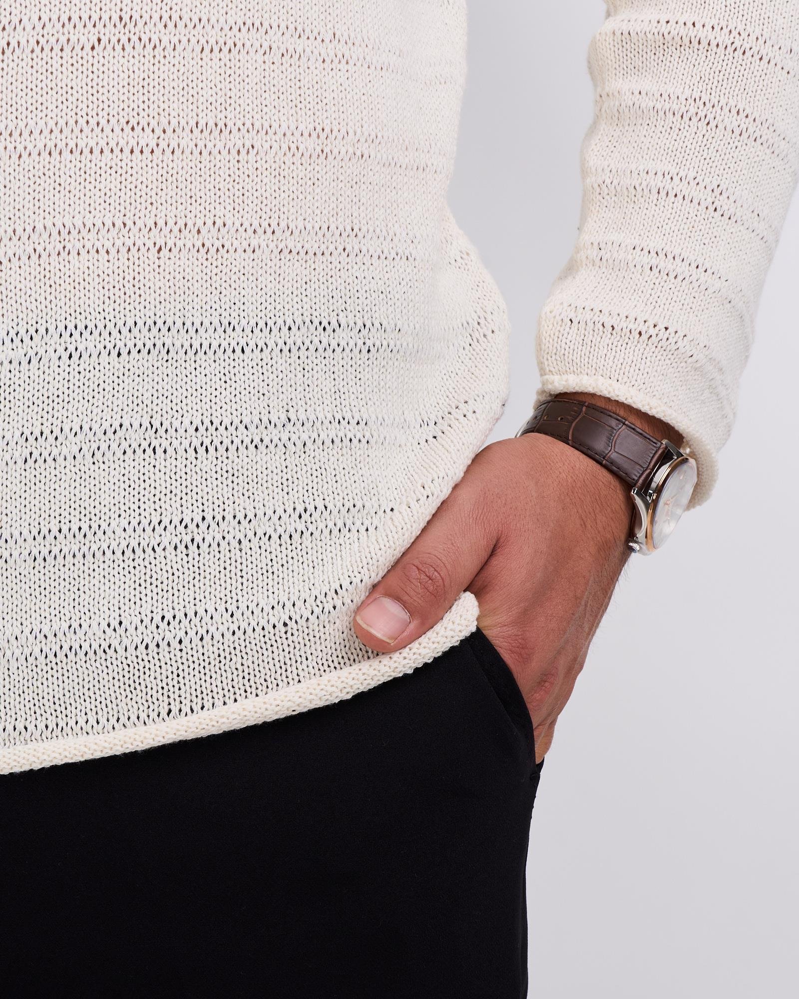 İtalyan stil erkek bisiklet yaka triko kazak ekru T13139