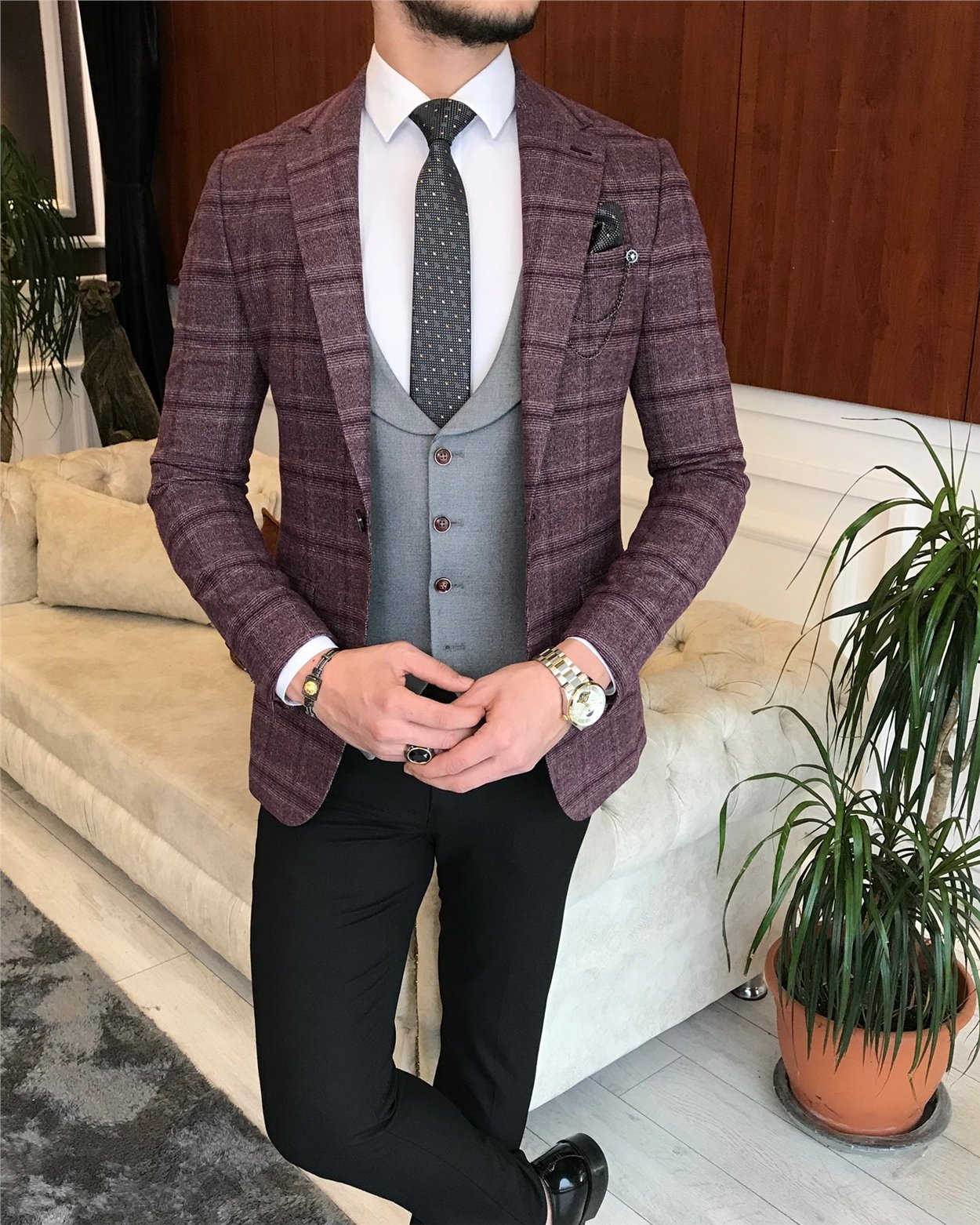 İtalyan stil erkek ceket yelek pantolon kombin bordo T6636