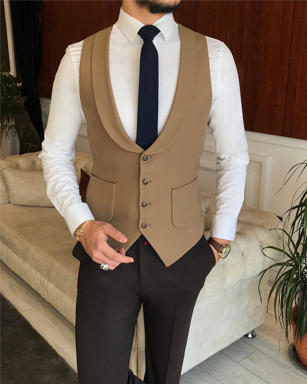 İtalyan stil erkek ceket yelek takım camel T6509