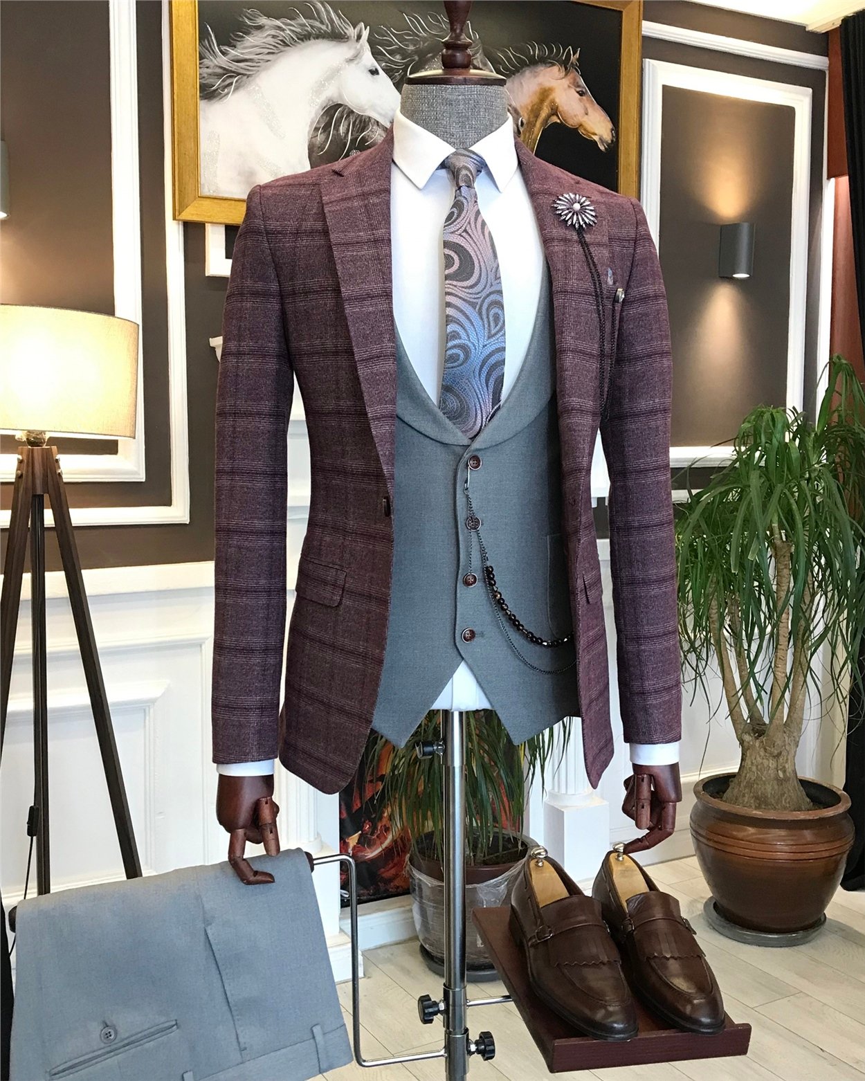 İtalyan stil erkek ceket yelek pantolon kombin bordo T6636