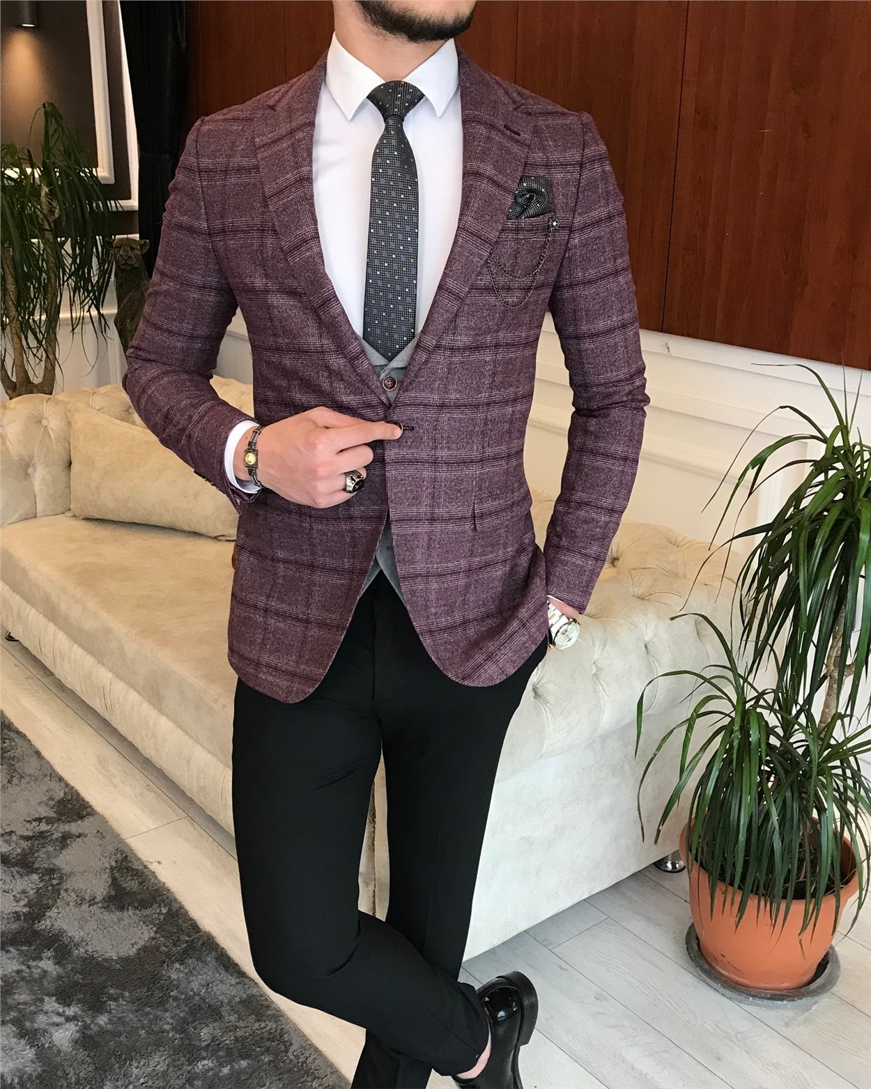 İtalyan stil erkek ceket yelek pantolon kombin bordo T6636