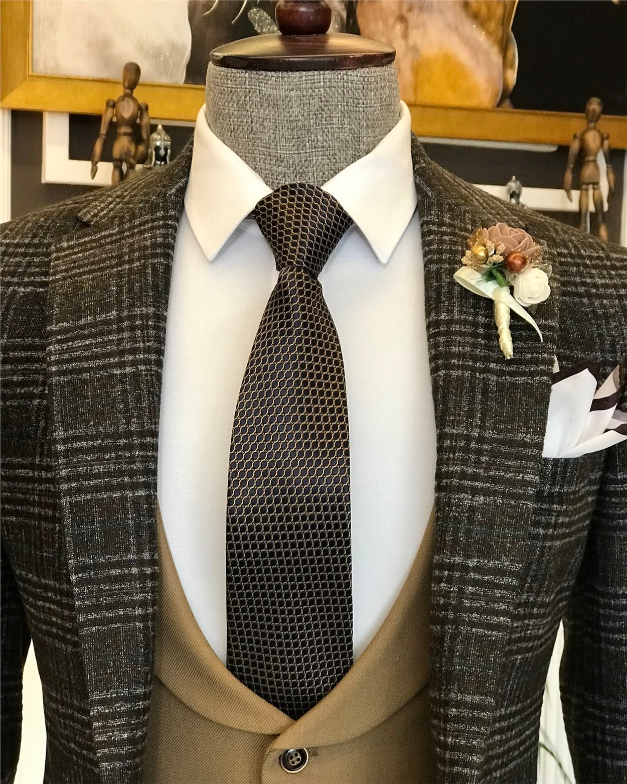 İtalyan stil erkek ceket yelek takım camel T6509