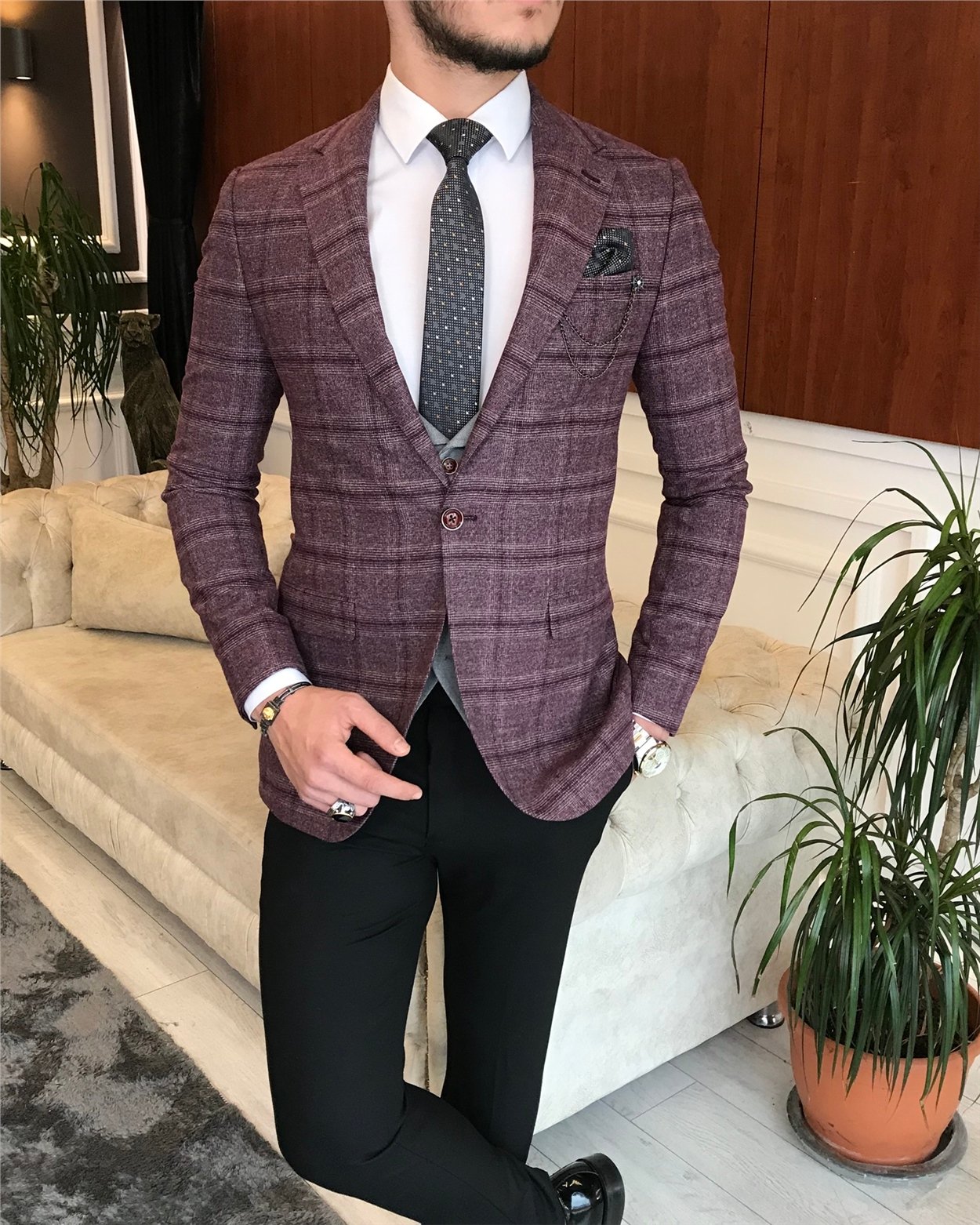 İtalyan stil erkek ceket yelek pantolon kombin bordo T6636