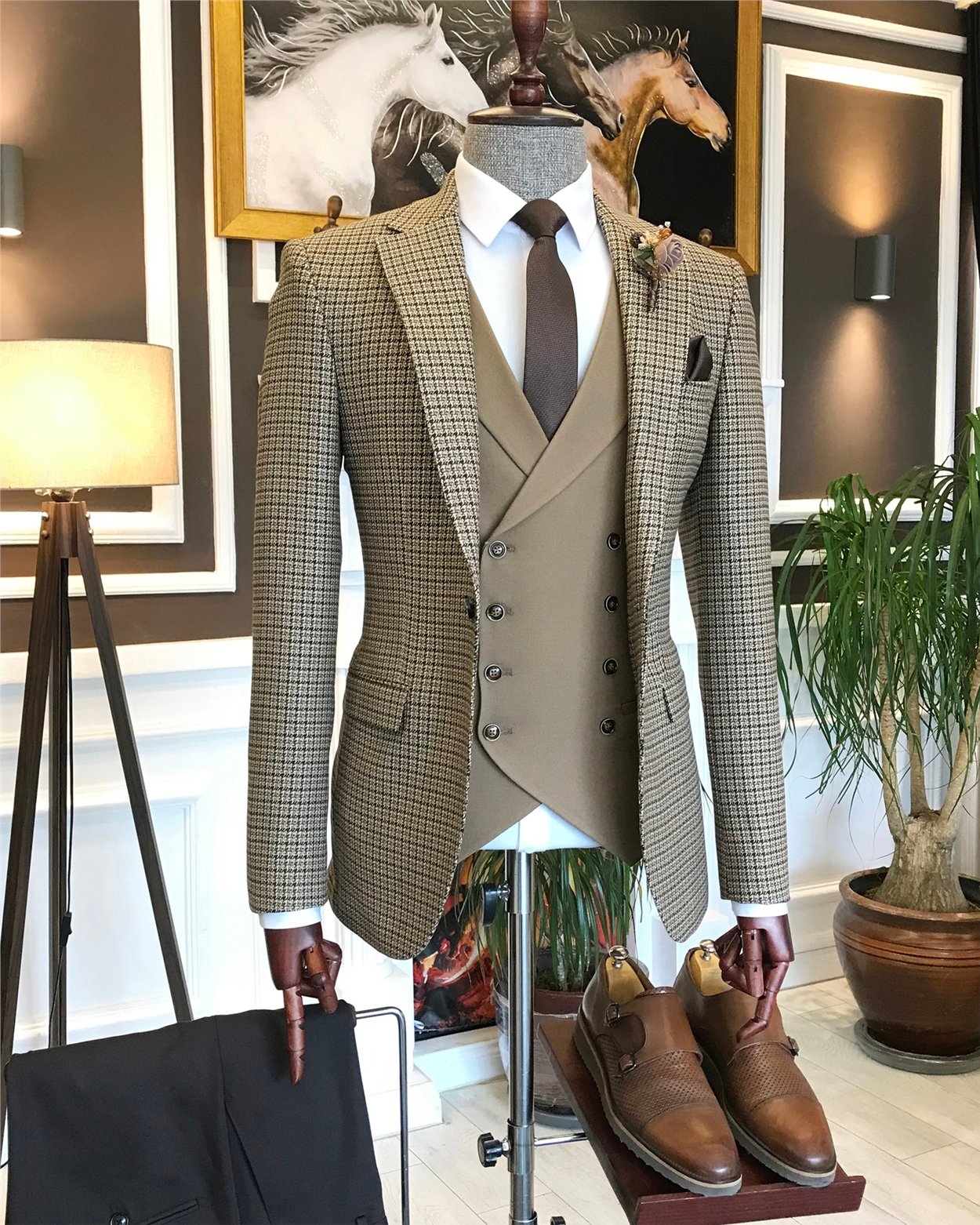 İtalyan stil erkek ceket yelek pantolon kombin camel T6339