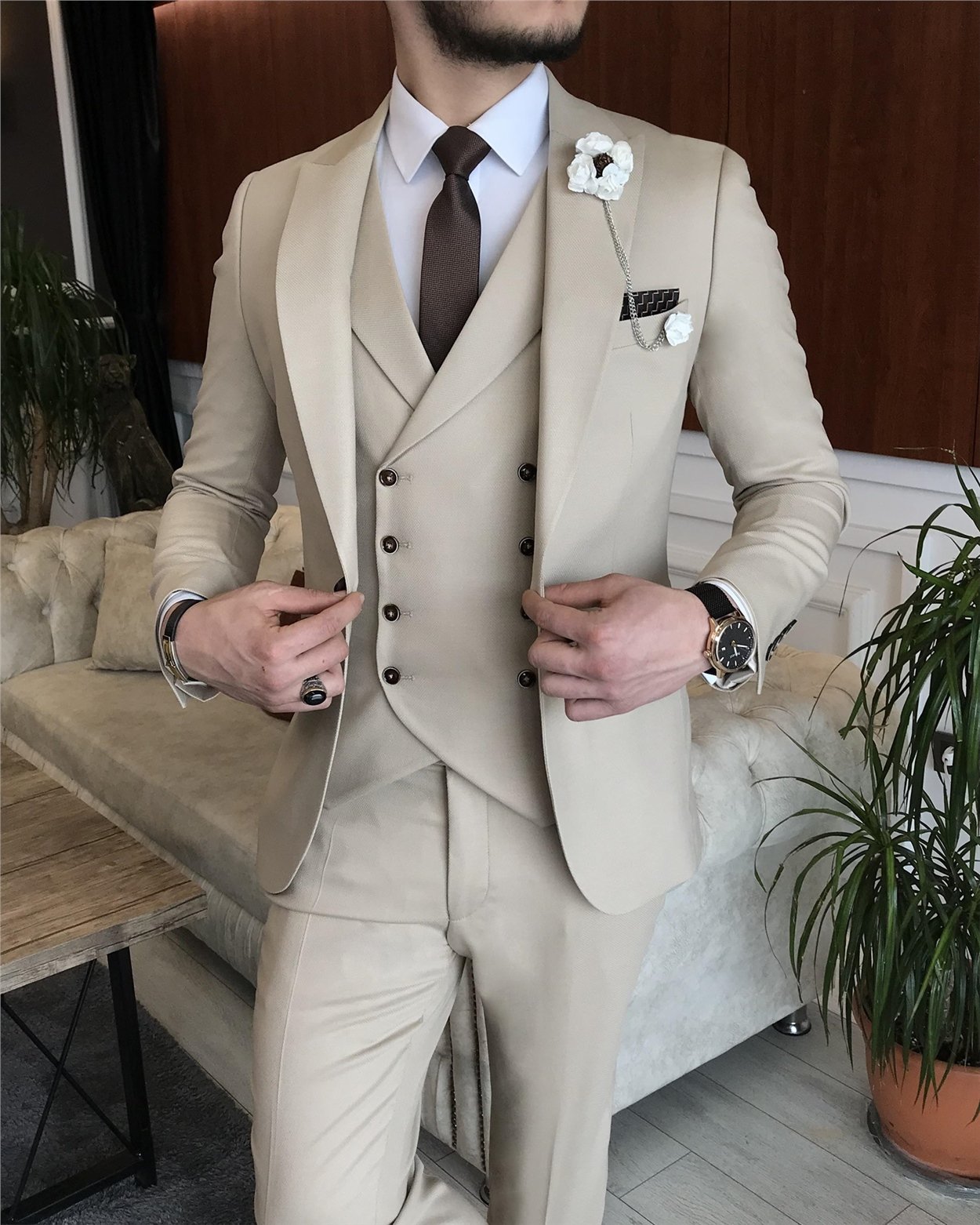 İtalyan stil erkek ceket yelek pantolon takım elbise Bej T7075