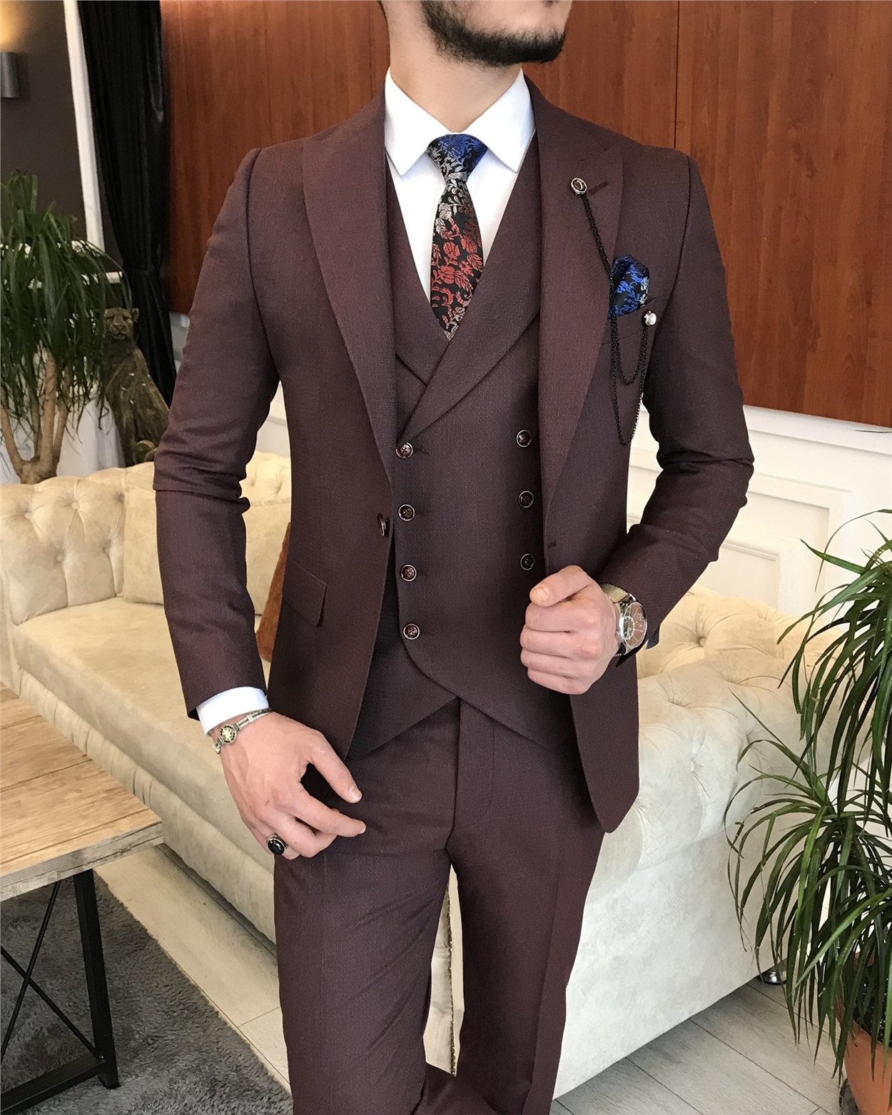 İtalyan stil erkek ceket yelek pantolon takım elbise bordo T7072