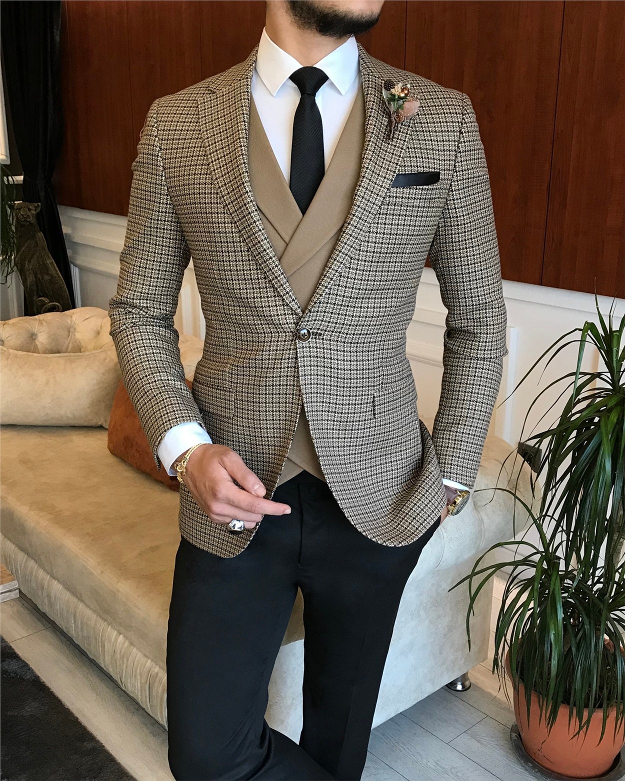 İtalyan stil erkek ceket yelek pantolon kombin camel T6339