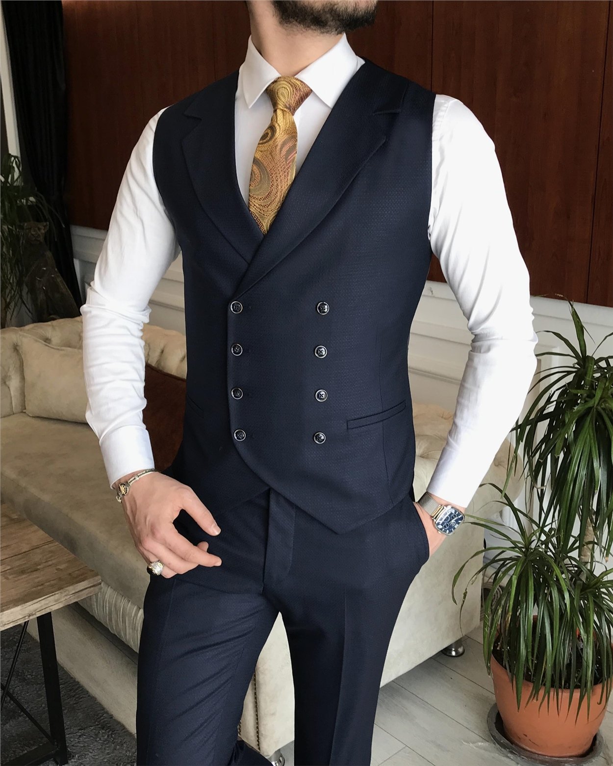 İtalyan stil erkek ceket yelek pantolon takım elbise lacivert T7070