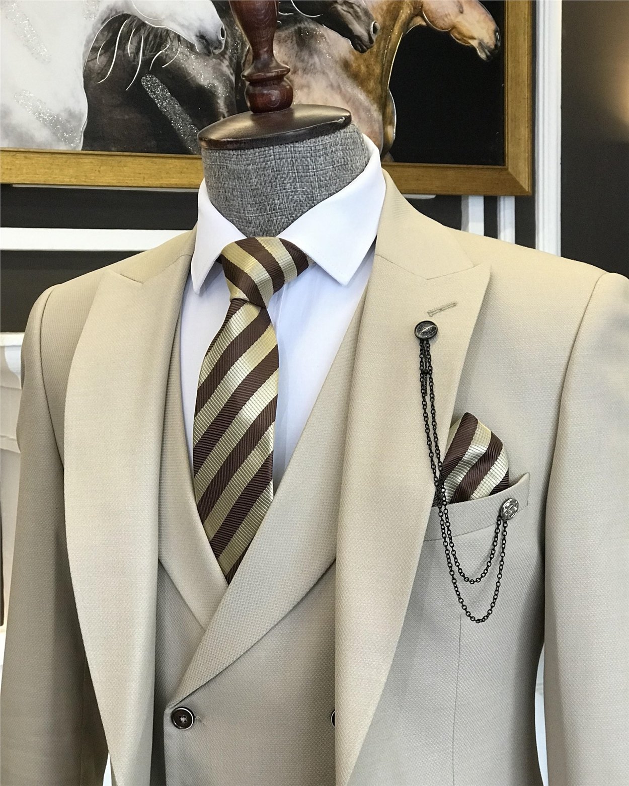 İtalyan stil erkek ceket yelek pantolon takım elbise Bej T7075