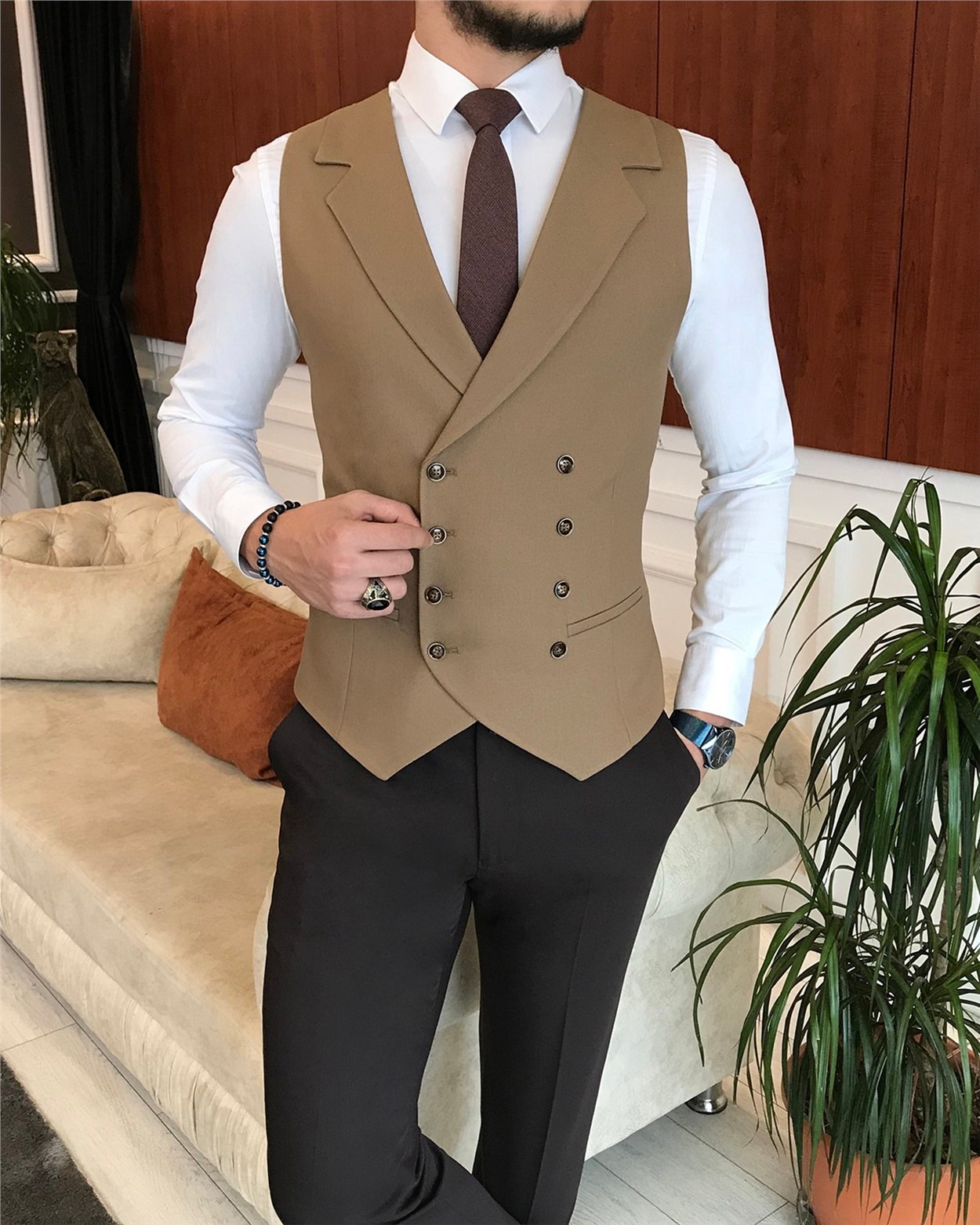İtalyan stil erkek ceket yelek pantolon takım elbise camel T6330