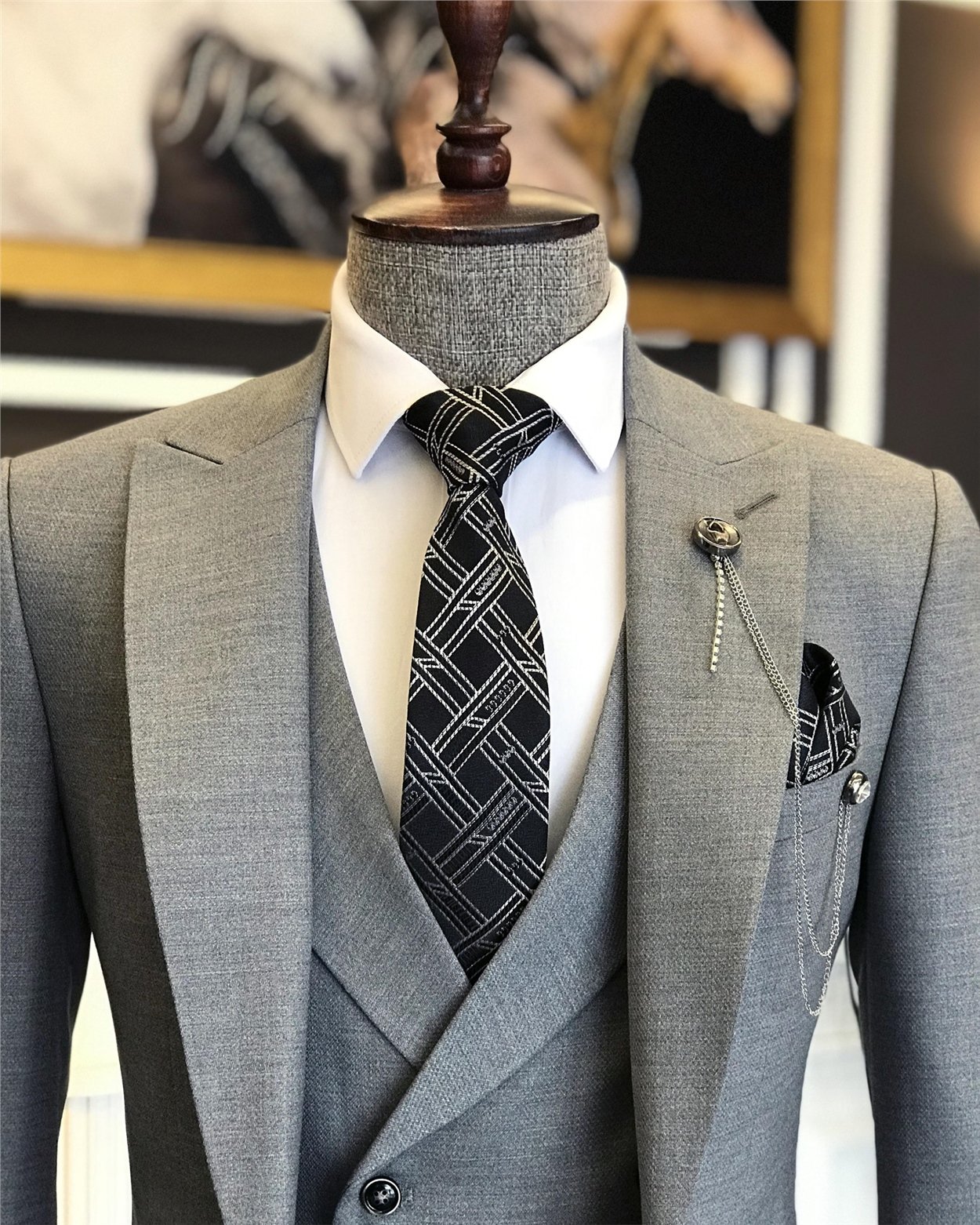 İtalyan stil erkek ceket yelek pantolon takım elbise Gri T7074