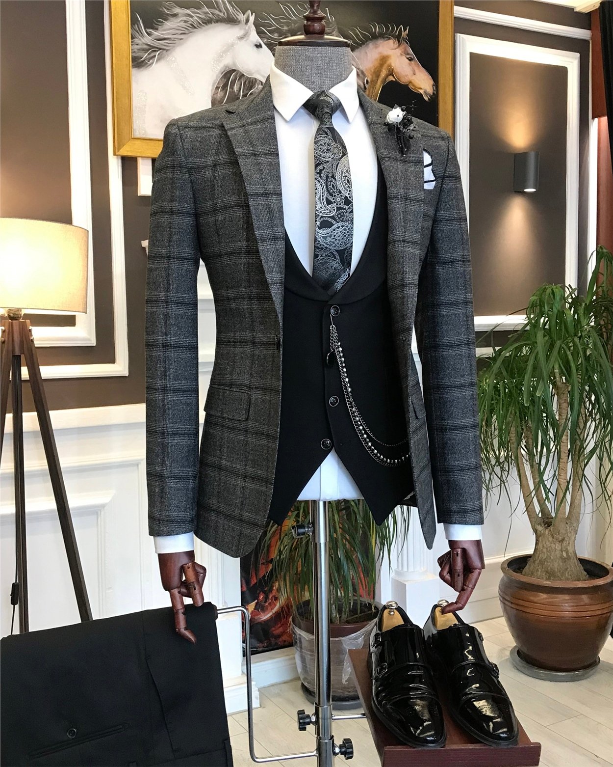 İtalyan stil erkek ceket yelek pantolon kombin antrasit T6637