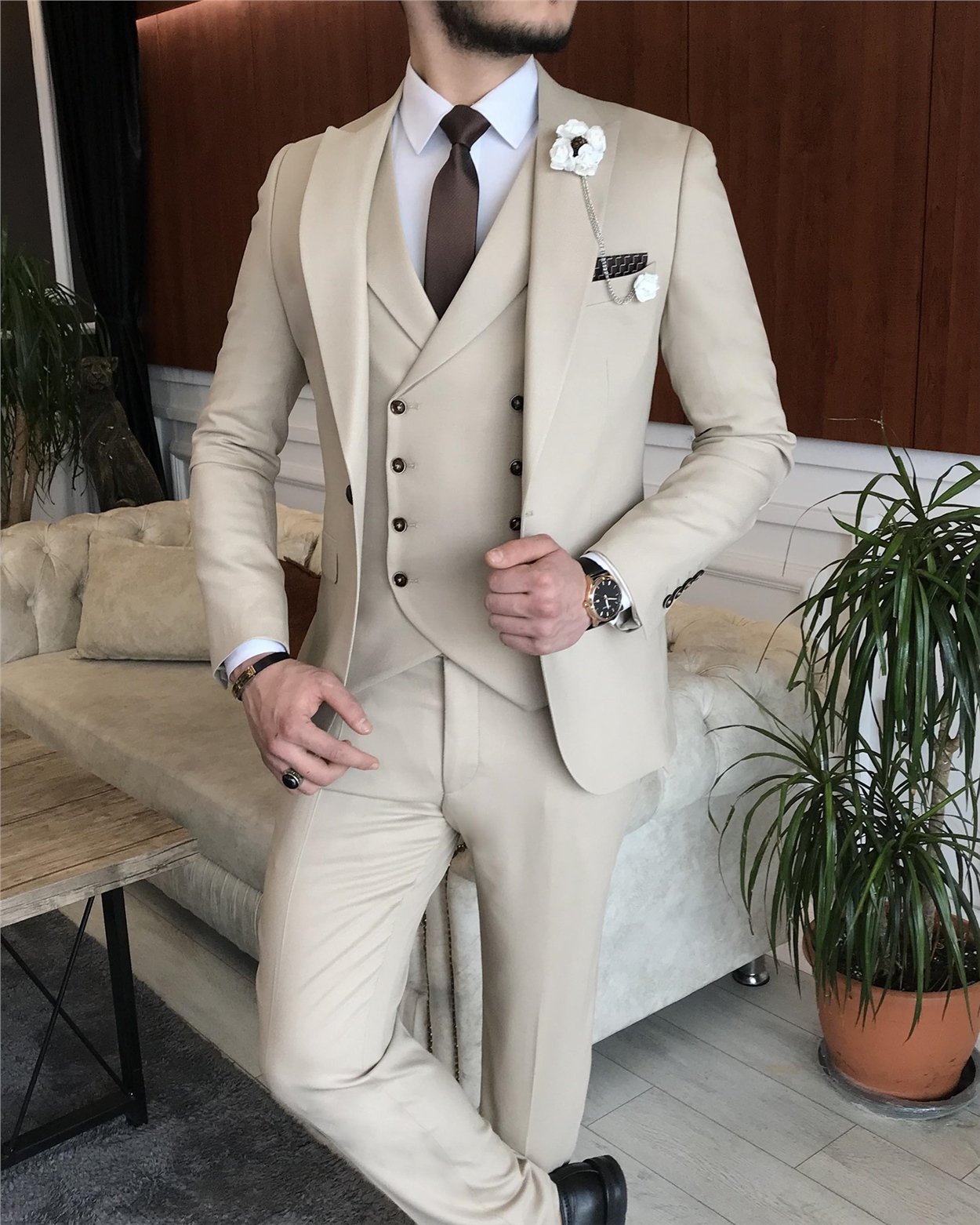 İtalyan stil erkek ceket yelek pantolon takım elbise Bej T7075