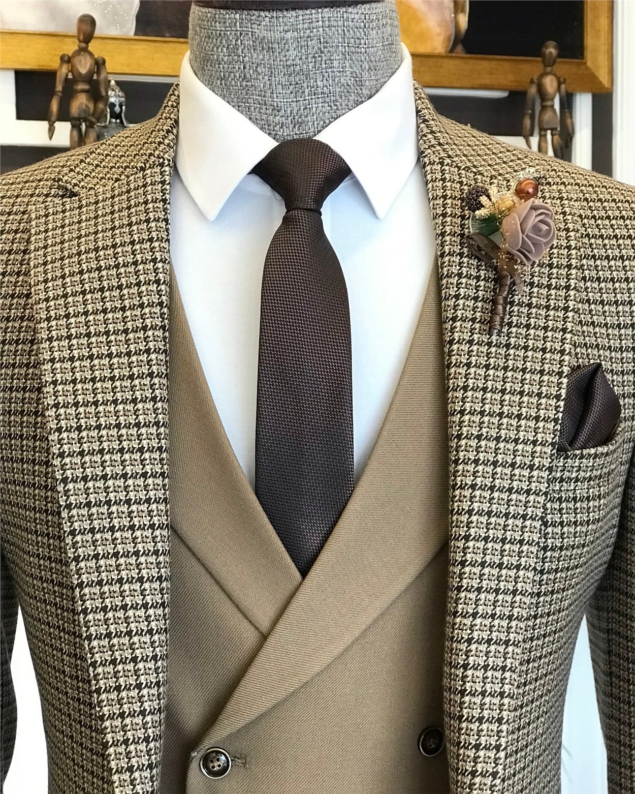 İtalyan stil erkek ceket yelek pantolon kombin camel T6339