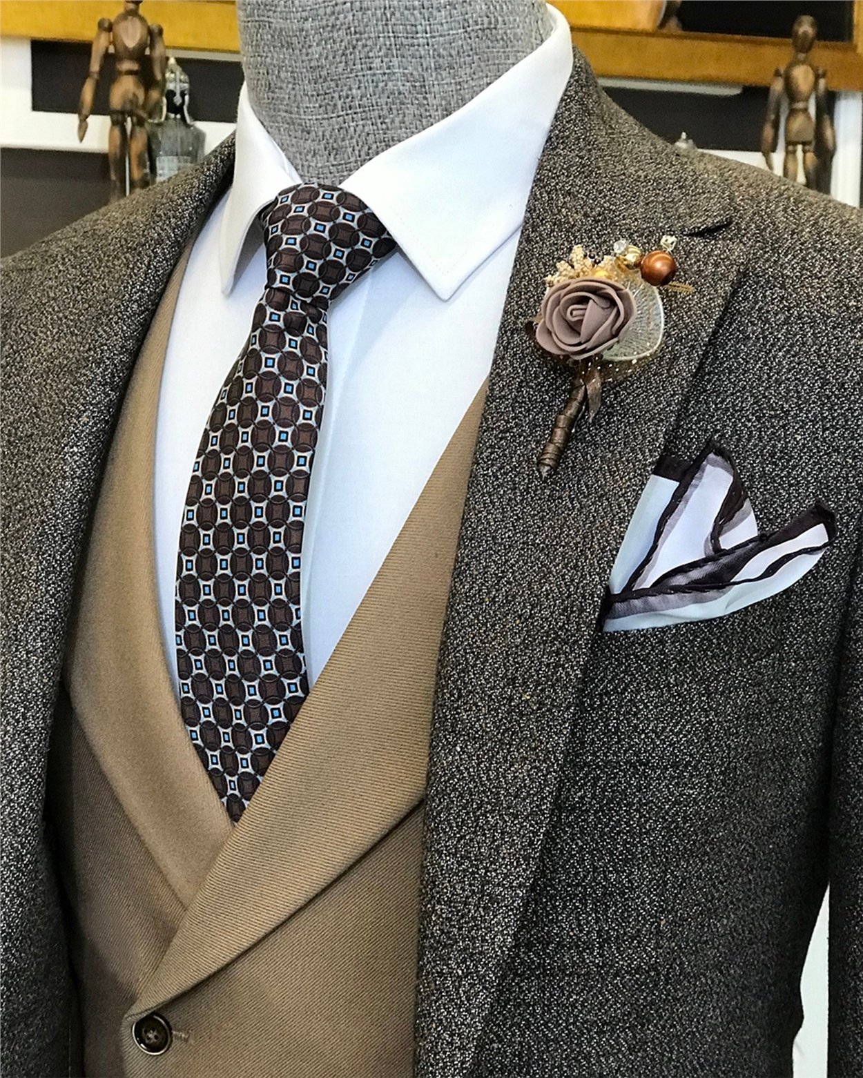 İtalyan stil erkek ceket yelek pantolon kombin camel T6338