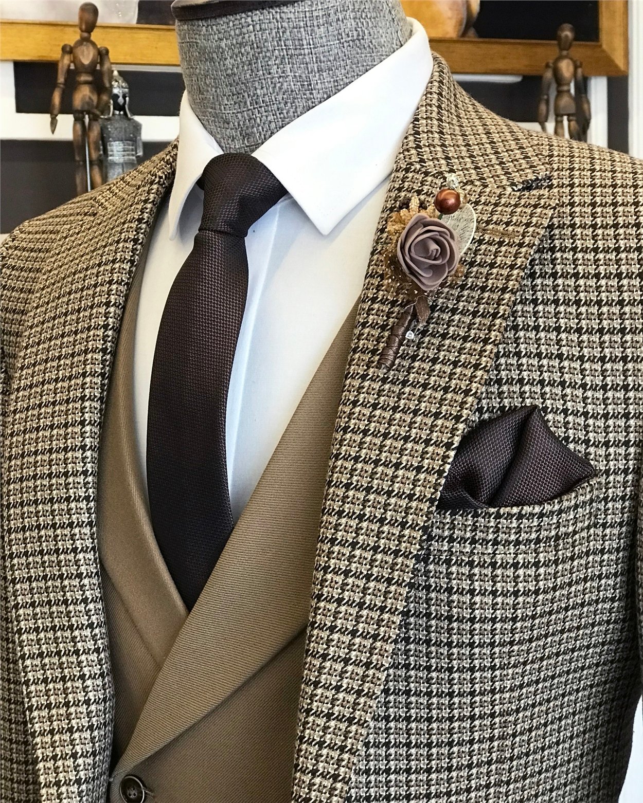 İtalyan stil erkek ceket yelek pantolon kombin camel T6339