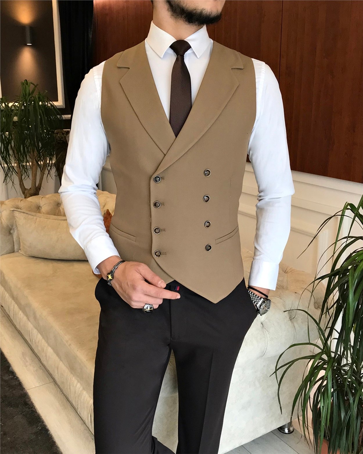 İtalyan stil erkek ceket yelek pantolon kombin camel T6338