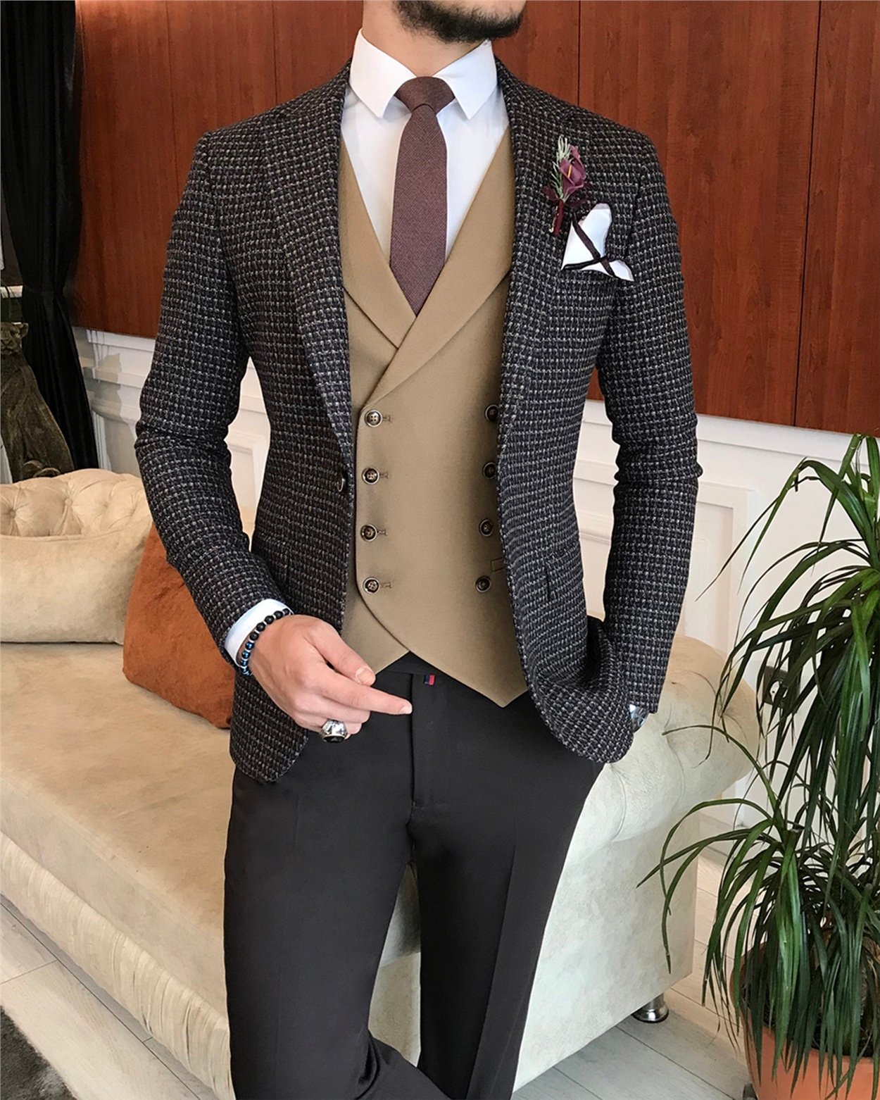 İtalyan stil erkek ceket yelek pantolon takım elbise camel T6330