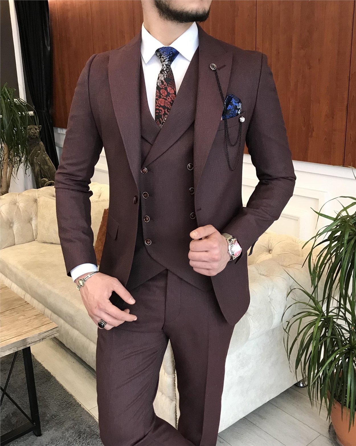 İtalyan stil erkek ceket yelek pantolon takım elbise bordo T7072