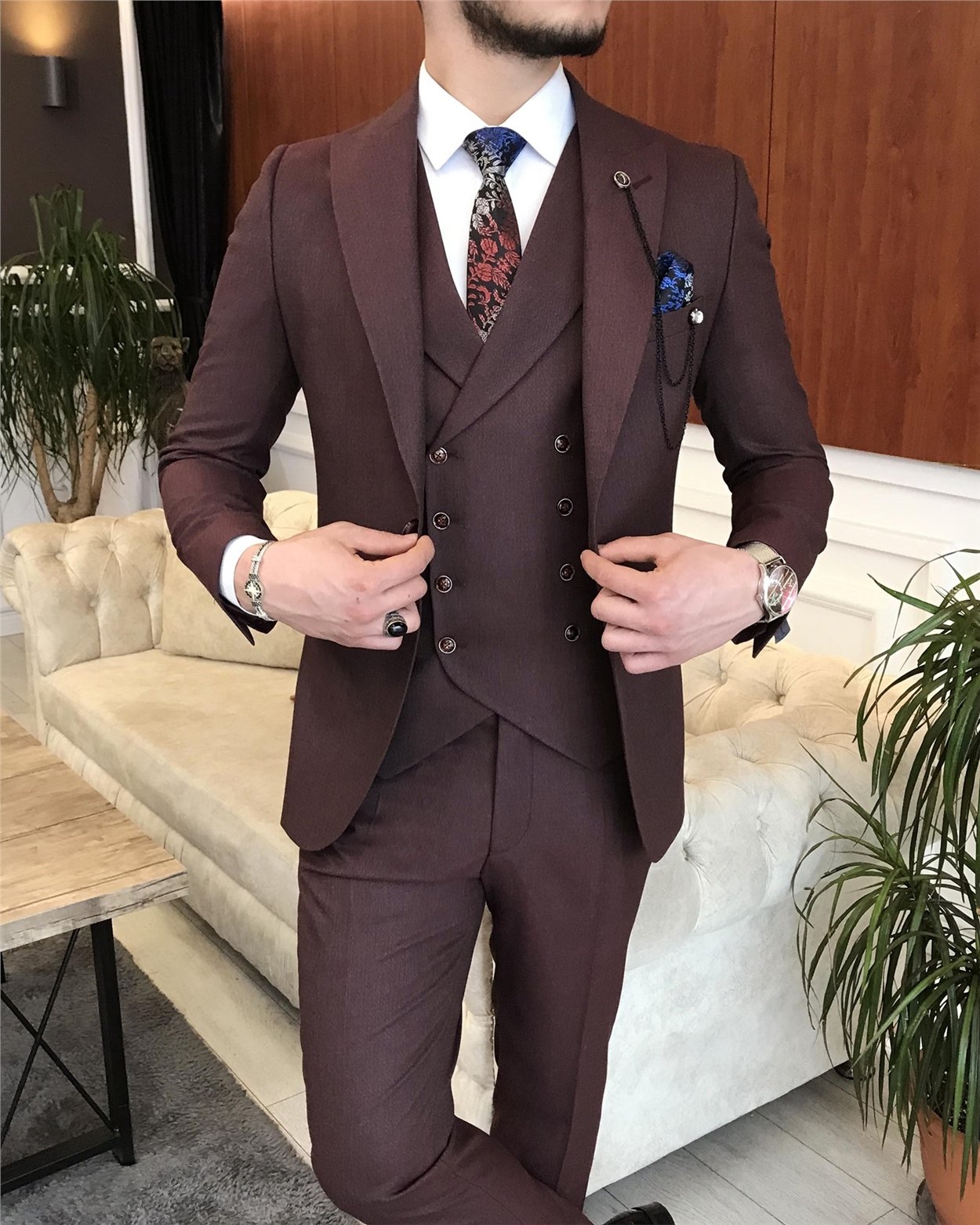 İtalyan stil erkek ceket yelek pantolon takım elbise bordo T7072