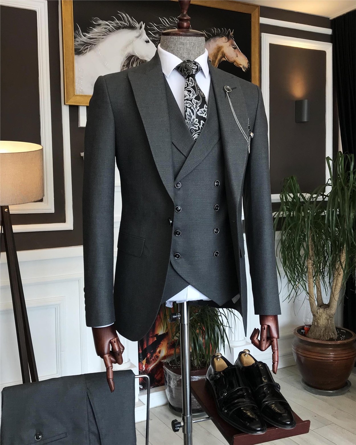 İtalyan stil erkek ceket yelek pantolon takım elbise Antrasit T7079