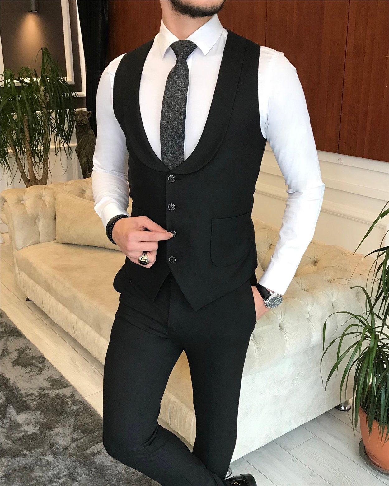 İtalyan stil erkek ceket yelek pantolon kombin antrasit T6637