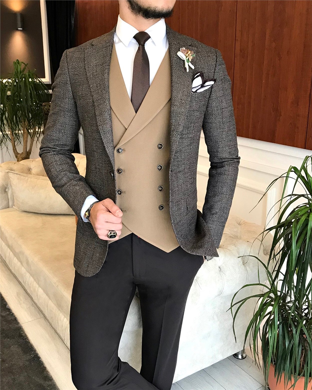 İtalyan stil erkek ceket yelek pantolon kombin camel T6338