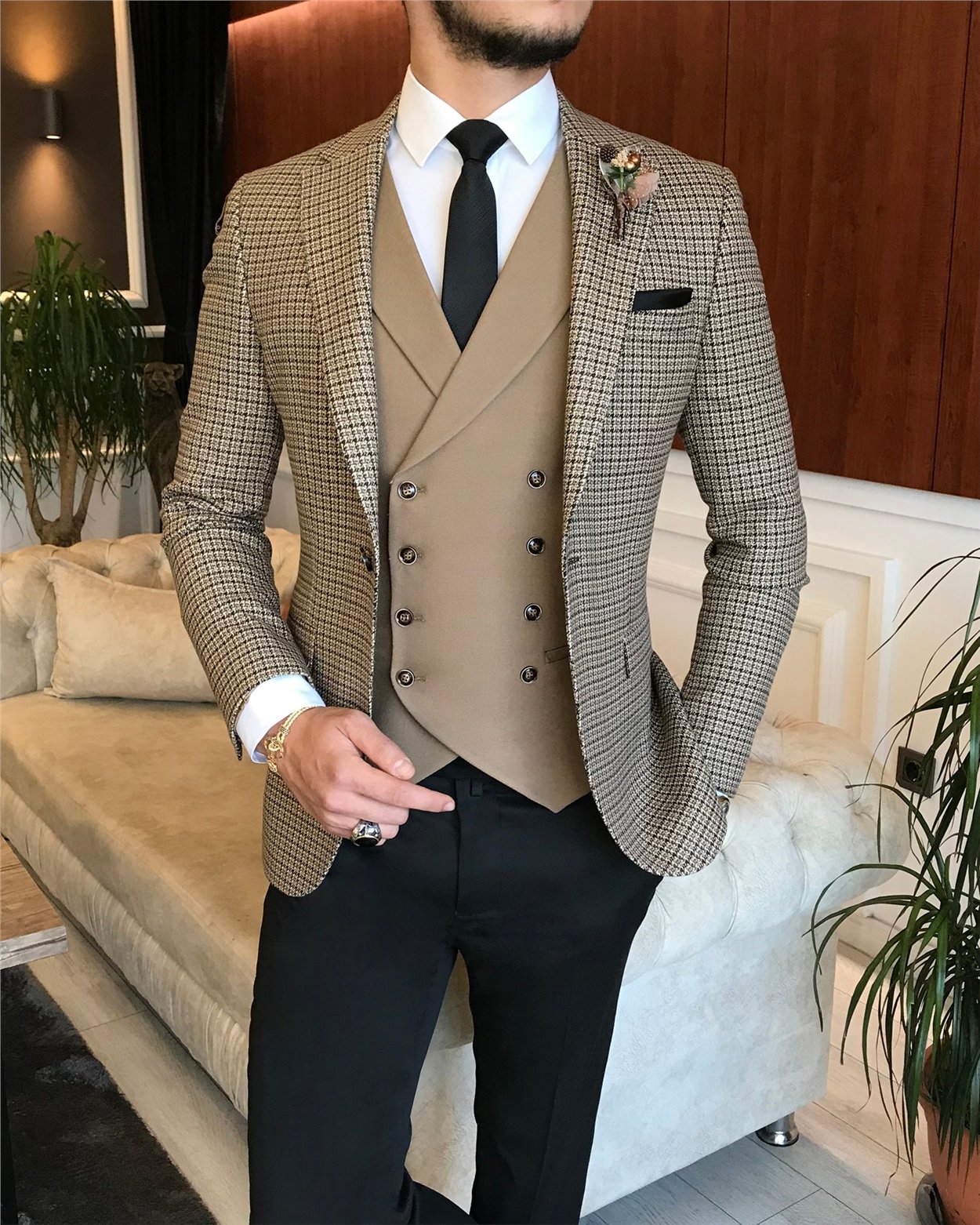 İtalyan stil erkek ceket yelek pantolon kombin camel T6339