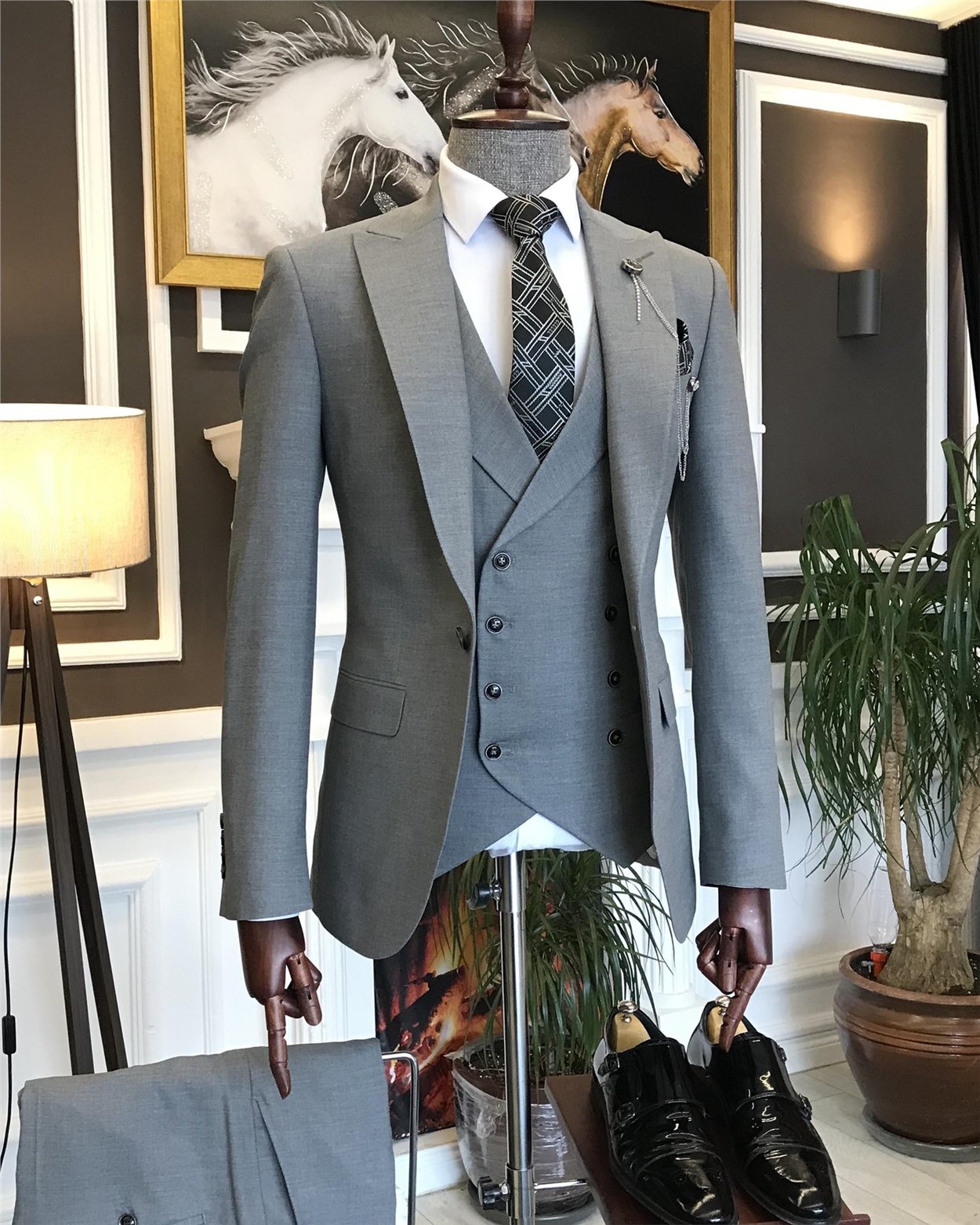 İtalyan stil erkek ceket yelek pantolon takım elbise Gri T7074