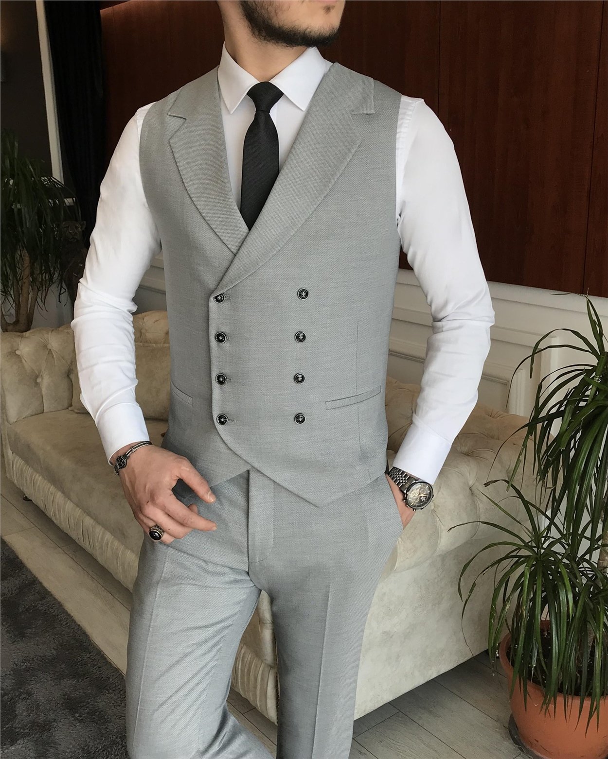 İtalyan stil erkek ceket yelek pantolon takım elbise Gri T7074