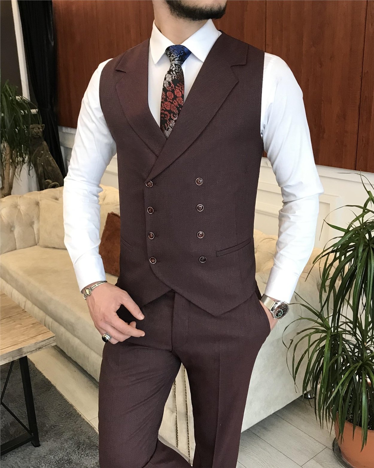 İtalyan stil erkek ceket yelek pantolon takım elbise bordo T7072