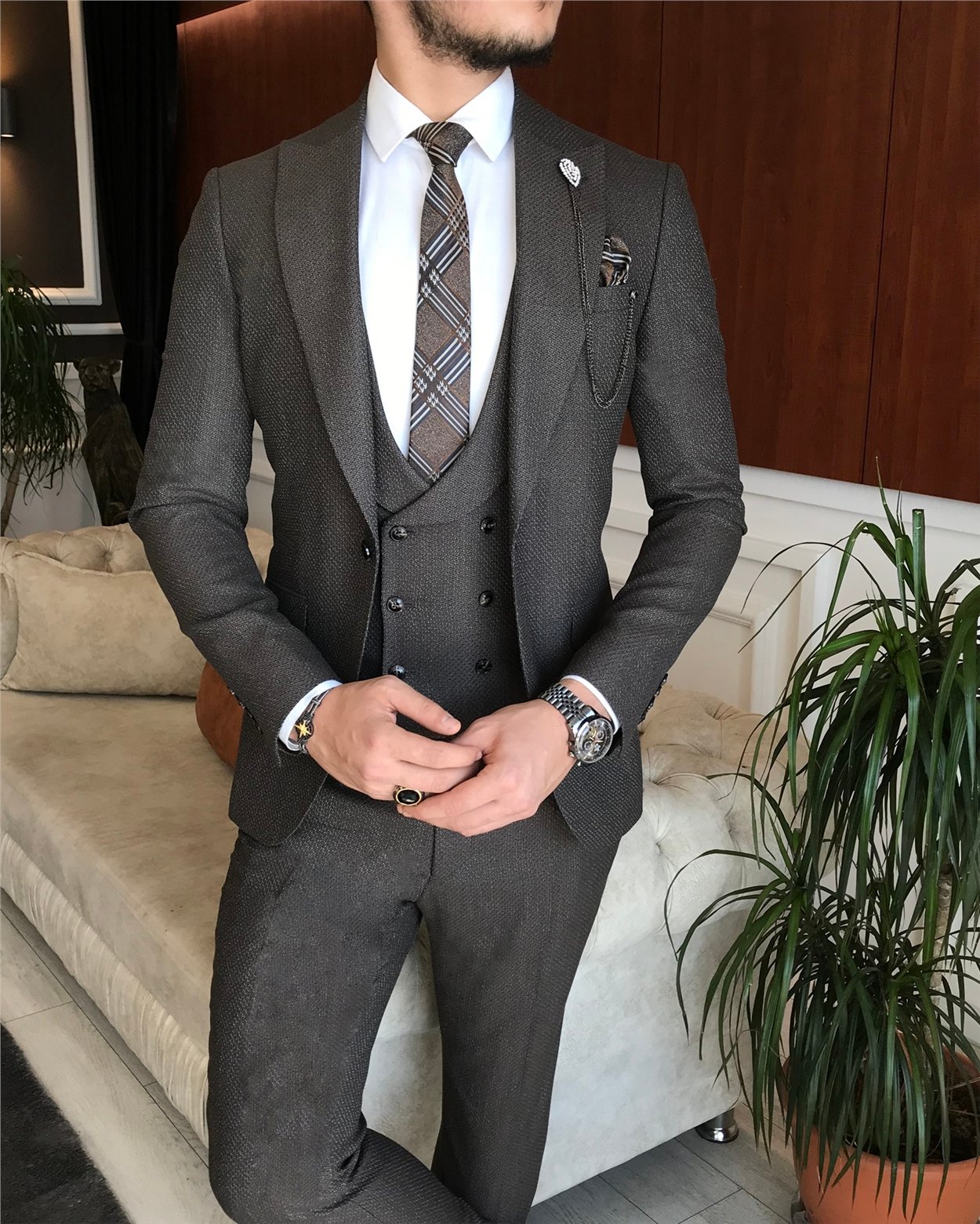 İtalyan stil erkek ceket yelek pantolon takım elbise kahverengi T6314